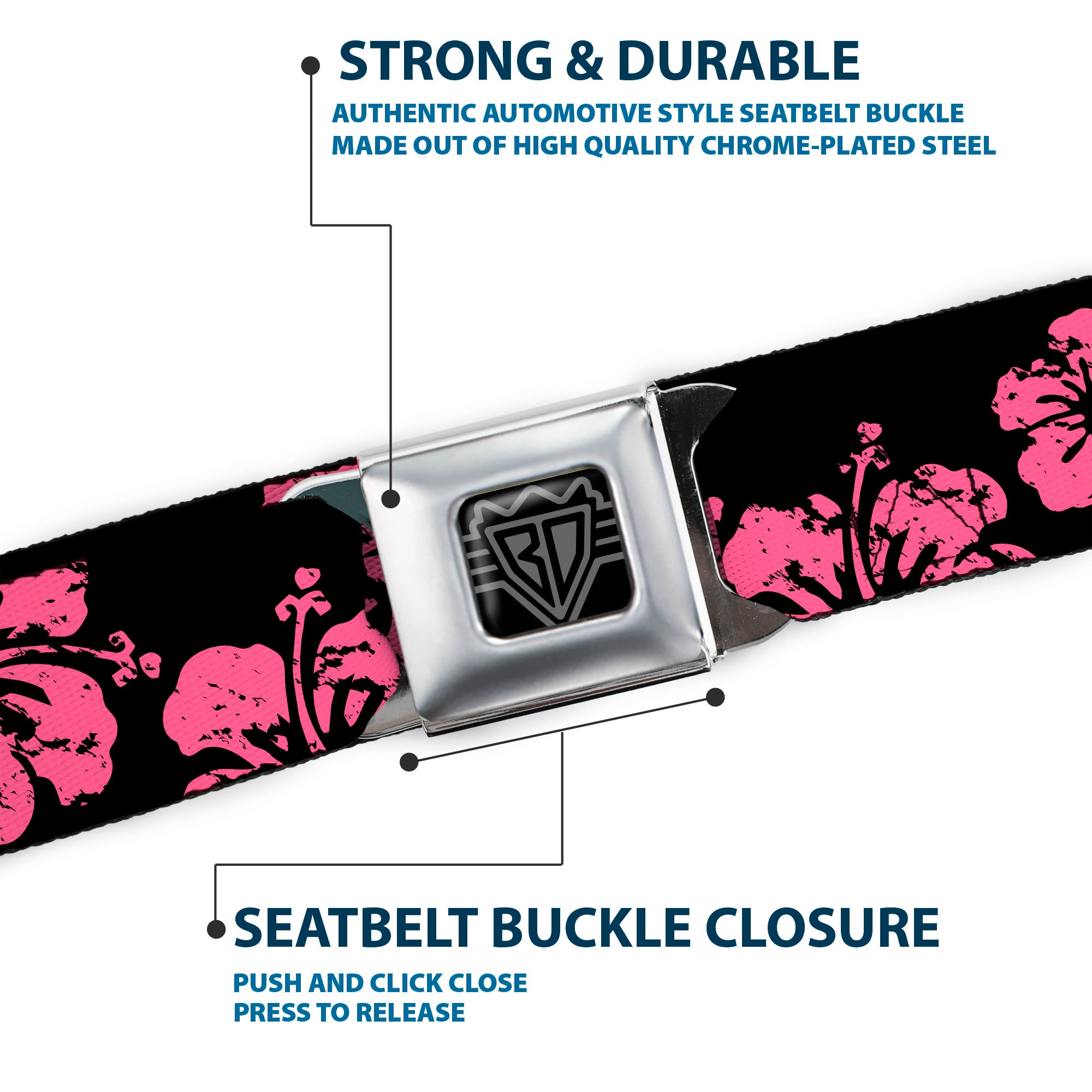 BD Wings Logo CLOSE-UP Full Color Black Silver Seatbelt Belt - Hibiscus Weathered Black/Pink Webbing Seatbelt Belts Buckle-Down