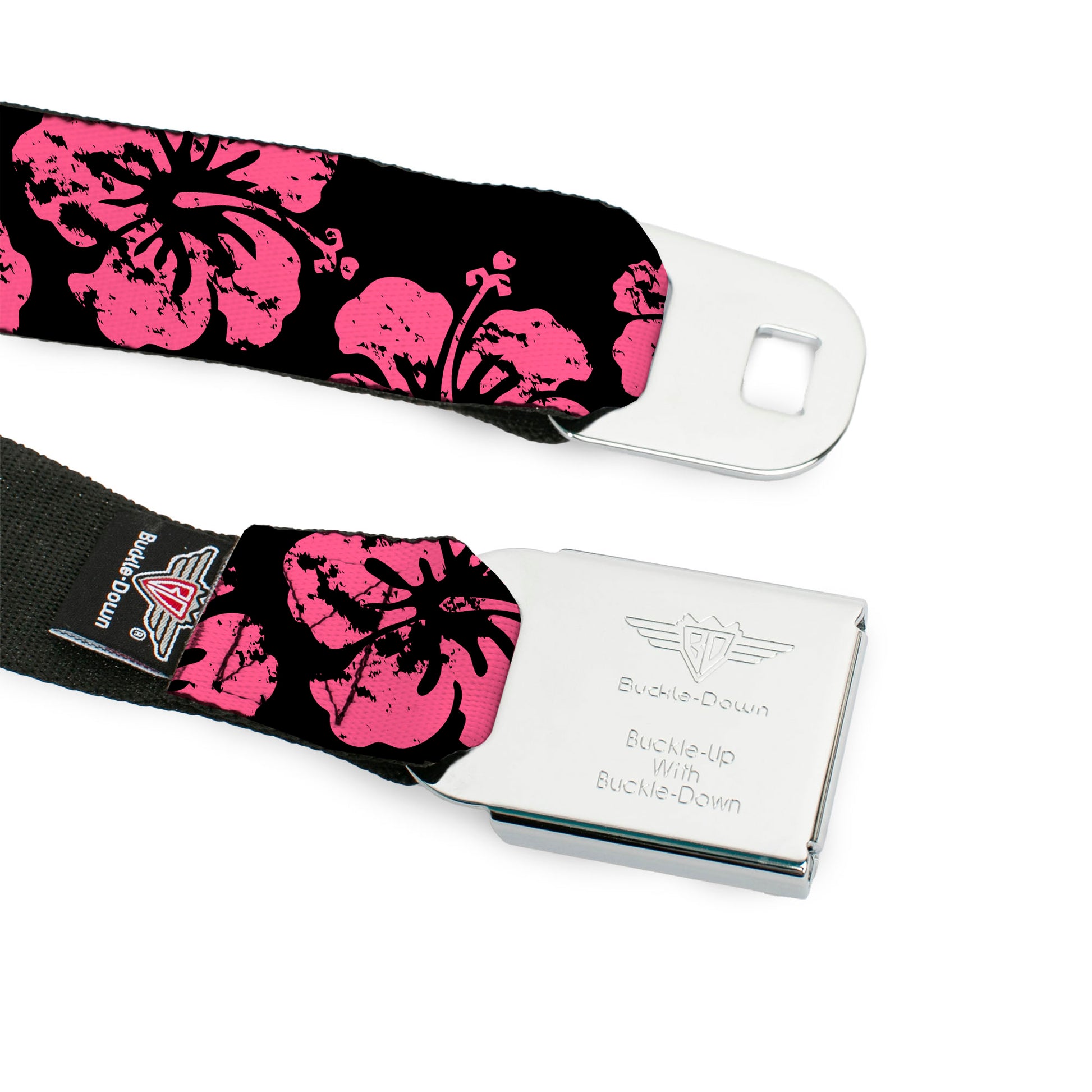 BD Wings Logo CLOSE-UP Full Color Black Silver Seatbelt Belt - Hibiscus Weathered Black/Pink Webbing Seatbelt Belts Buckle-Down