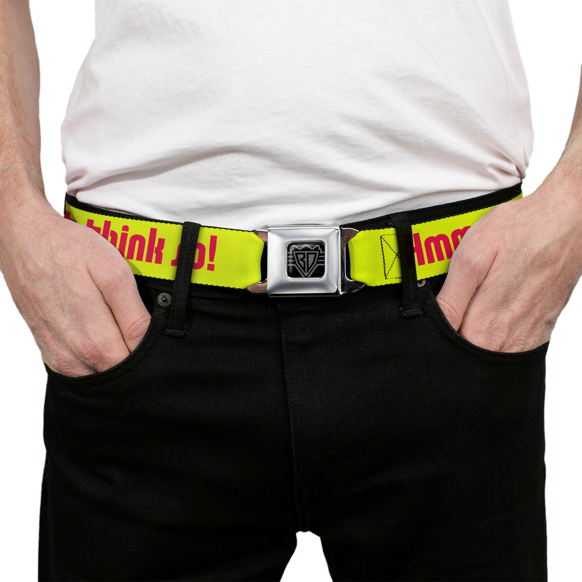 BD Wings Logo CLOSE-UP Full Color Black Silver Seatbelt Belt - HMMM, I DON'T THINK SO! Yellow/Pink Webbing Seatbelt Belts Buckle-Down