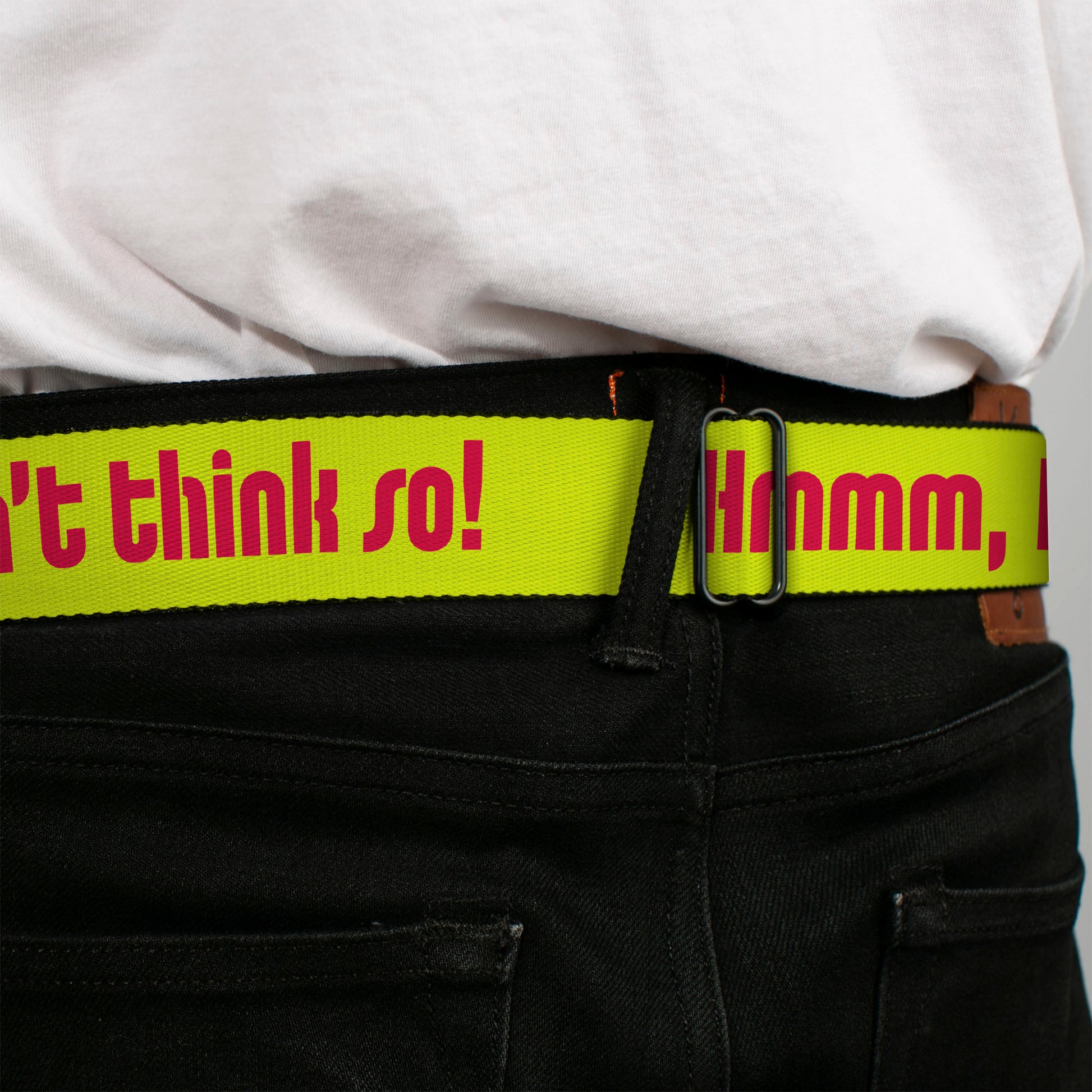 BD Wings Logo CLOSE-UP Full Color Black Silver Seatbelt Belt - HMMM, I DON'T THINK SO! Yellow/Pink Webbing Seatbelt Belts Buckle-Down