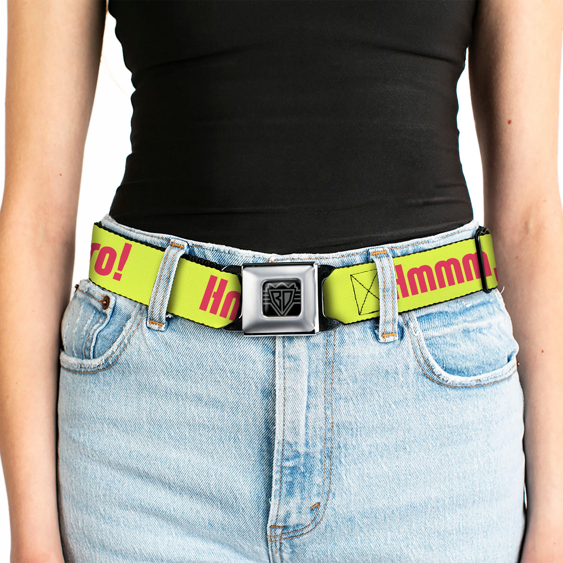 BD Wings Logo CLOSE-UP Full Color Black Silver Seatbelt Belt - HMMM, I DON'T THINK SO! Yellow/Pink Webbing Seatbelt Belts Buckle-Down