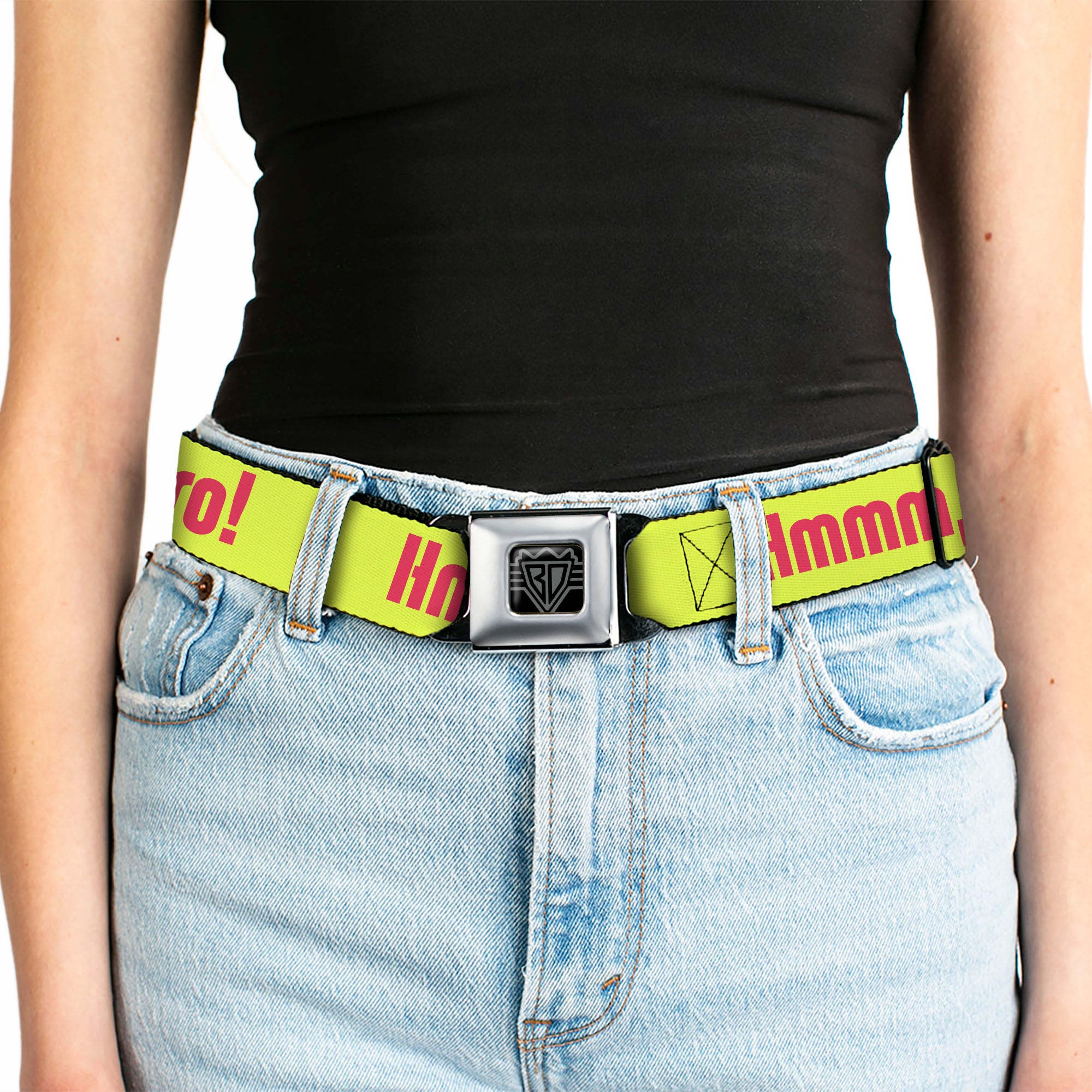 BD Wings Logo CLOSE-UP Full Color Black Silver Seatbelt Belt - HMMM, I DON'T THINK SO! Yellow/Pink Webbing Seatbelt Belts Buckle-Down