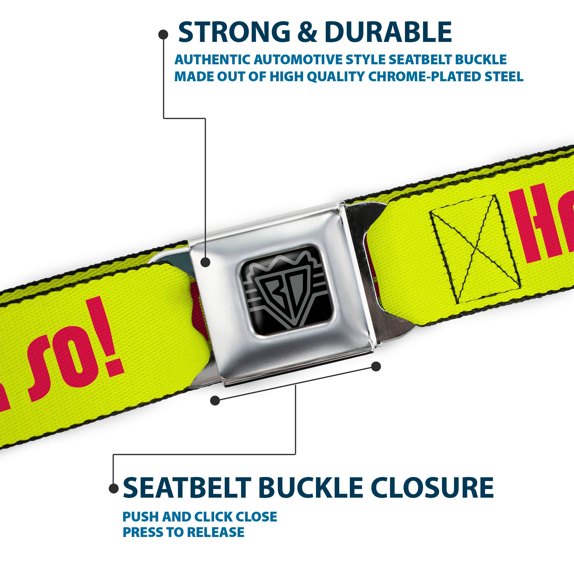 BD Wings Logo CLOSE-UP Full Color Black Silver Seatbelt Belt - HMMM, I DON'T THINK SO! Yellow/Pink Webbing Seatbelt Belts Buckle-Down