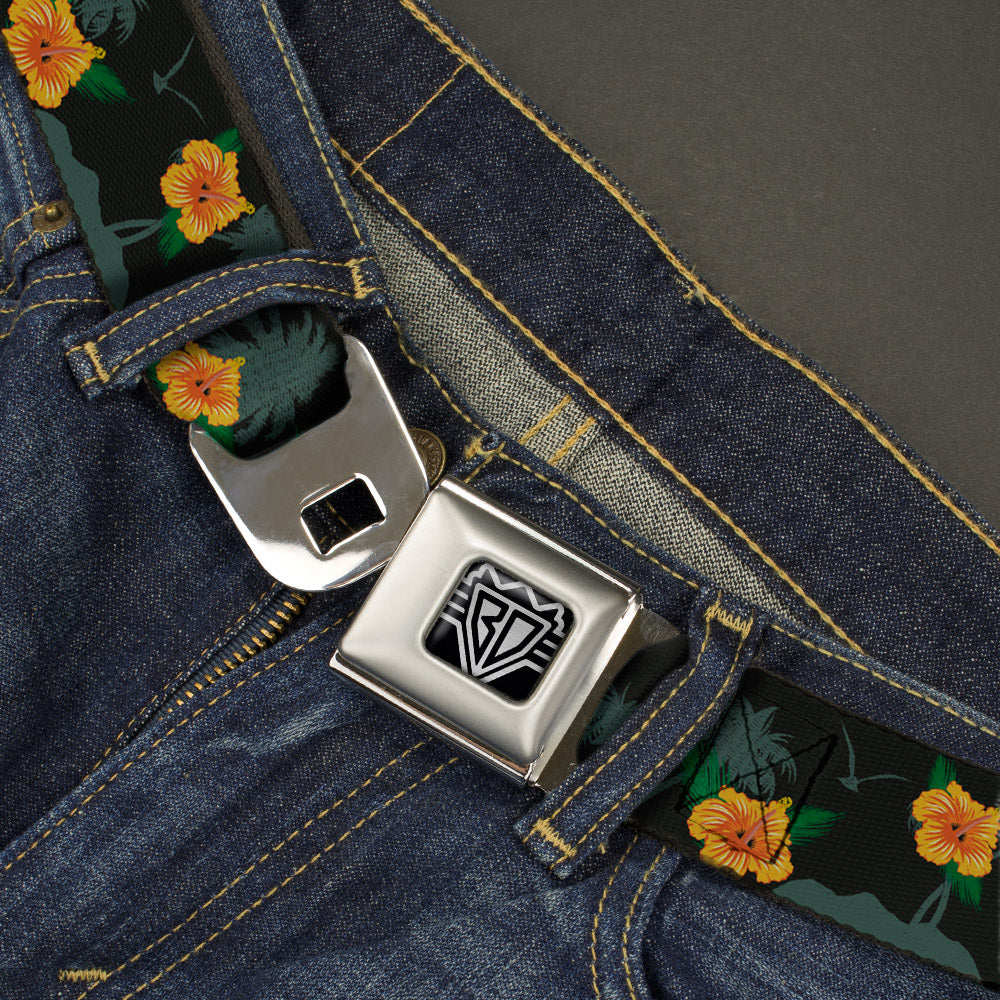 BD Wings Logo CLOSE-UP Full Color Black Silver Seatbelt Belt - Hibiscus Flowers/Palm Trees Black/Green/Orange Webbing Seatbelt Belts Buckle-Down
