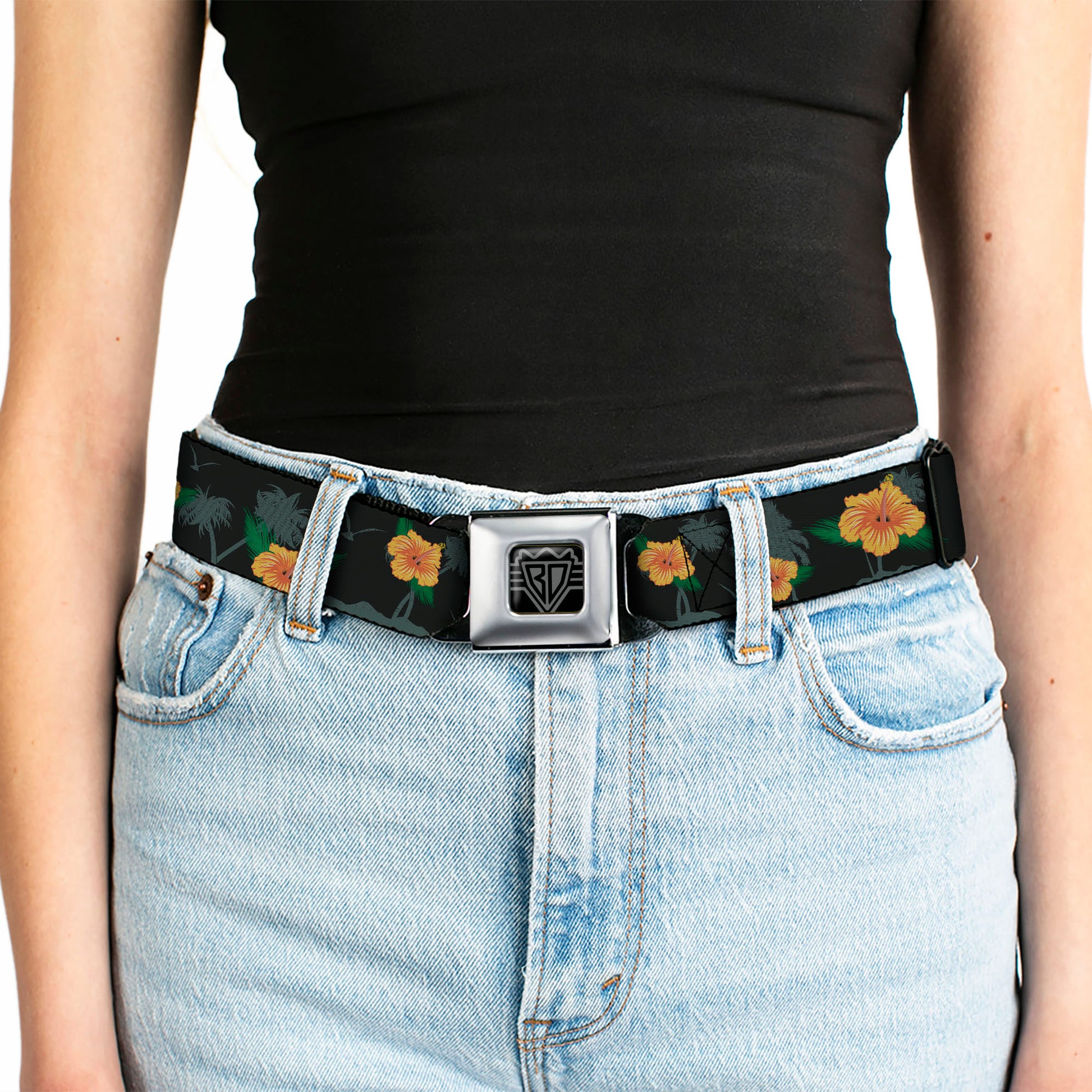 BD Wings Logo CLOSE-UP Full Color Black Silver Seatbelt Belt - Hibiscus Flowers/Palm Trees Black/Green/Orange Webbing Seatbelt Belts Buckle-Down