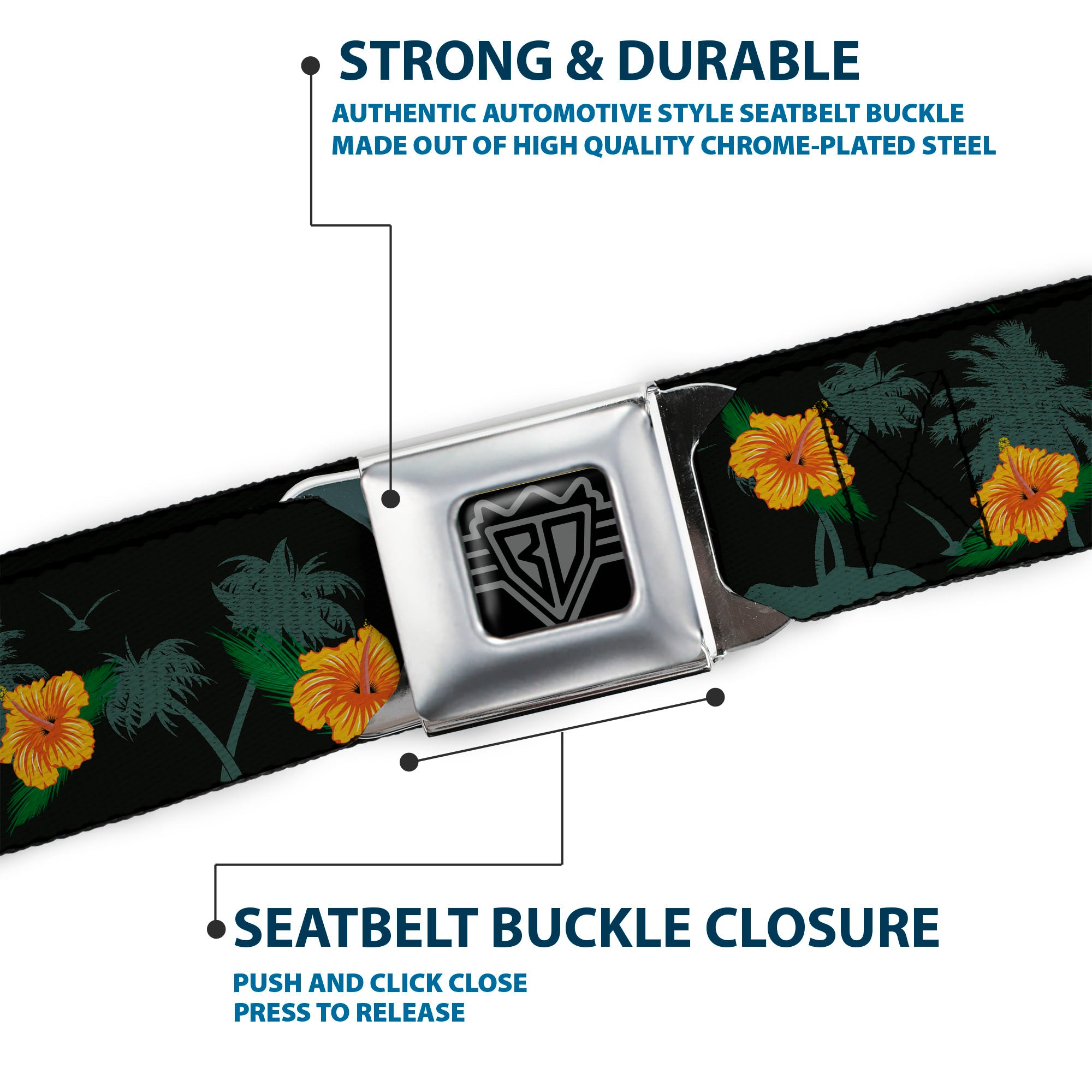 BD Wings Logo CLOSE-UP Full Color Black Silver Seatbelt Belt - Hibiscus Flowers/Palm Trees Black/Green/Orange Webbing Seatbelt Belts Buckle-Down