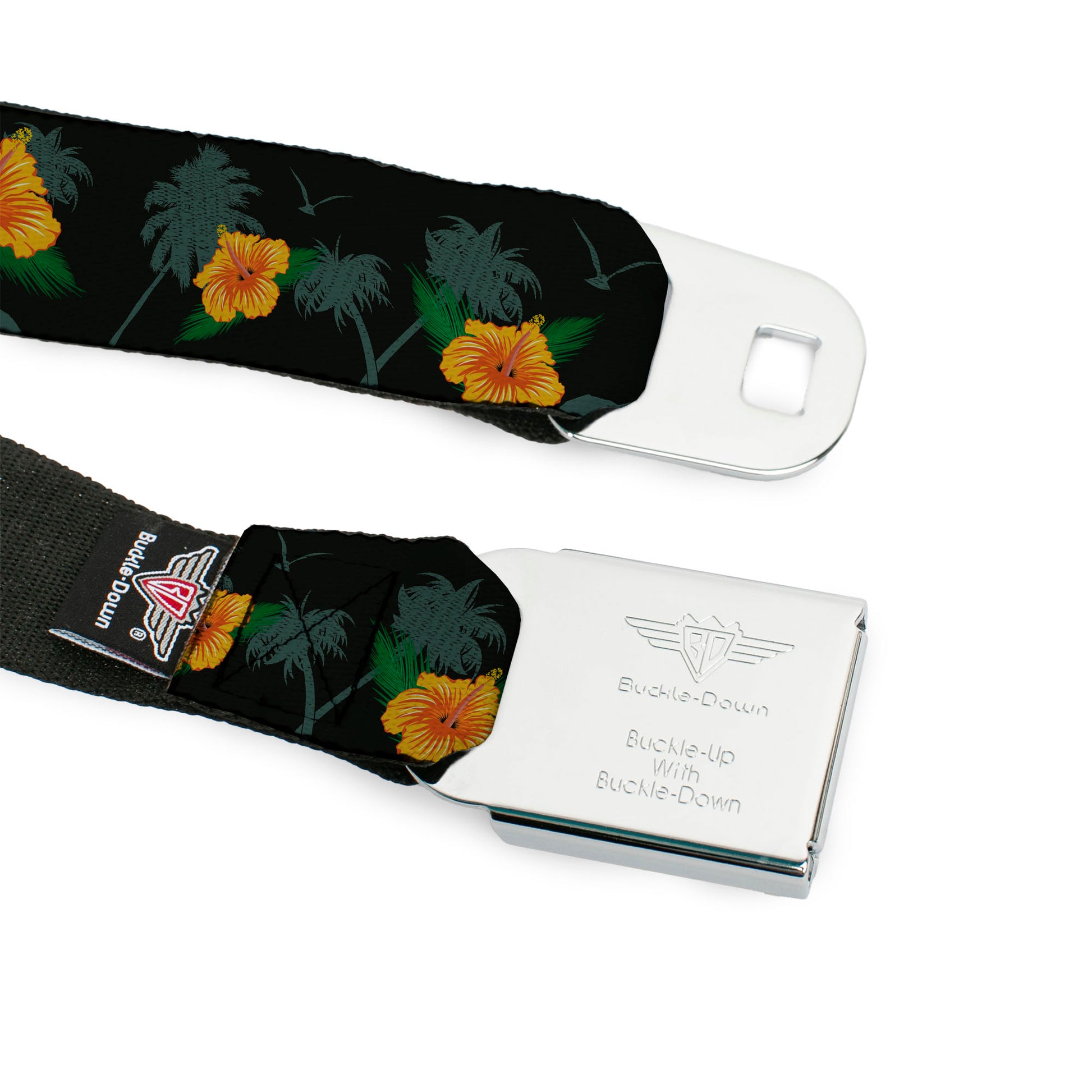 BD Wings Logo CLOSE-UP Full Color Black Silver Seatbelt Belt - Hibiscus Flowers/Palm Trees Black/Green/Orange Webbing Seatbelt Belts Buckle-Down