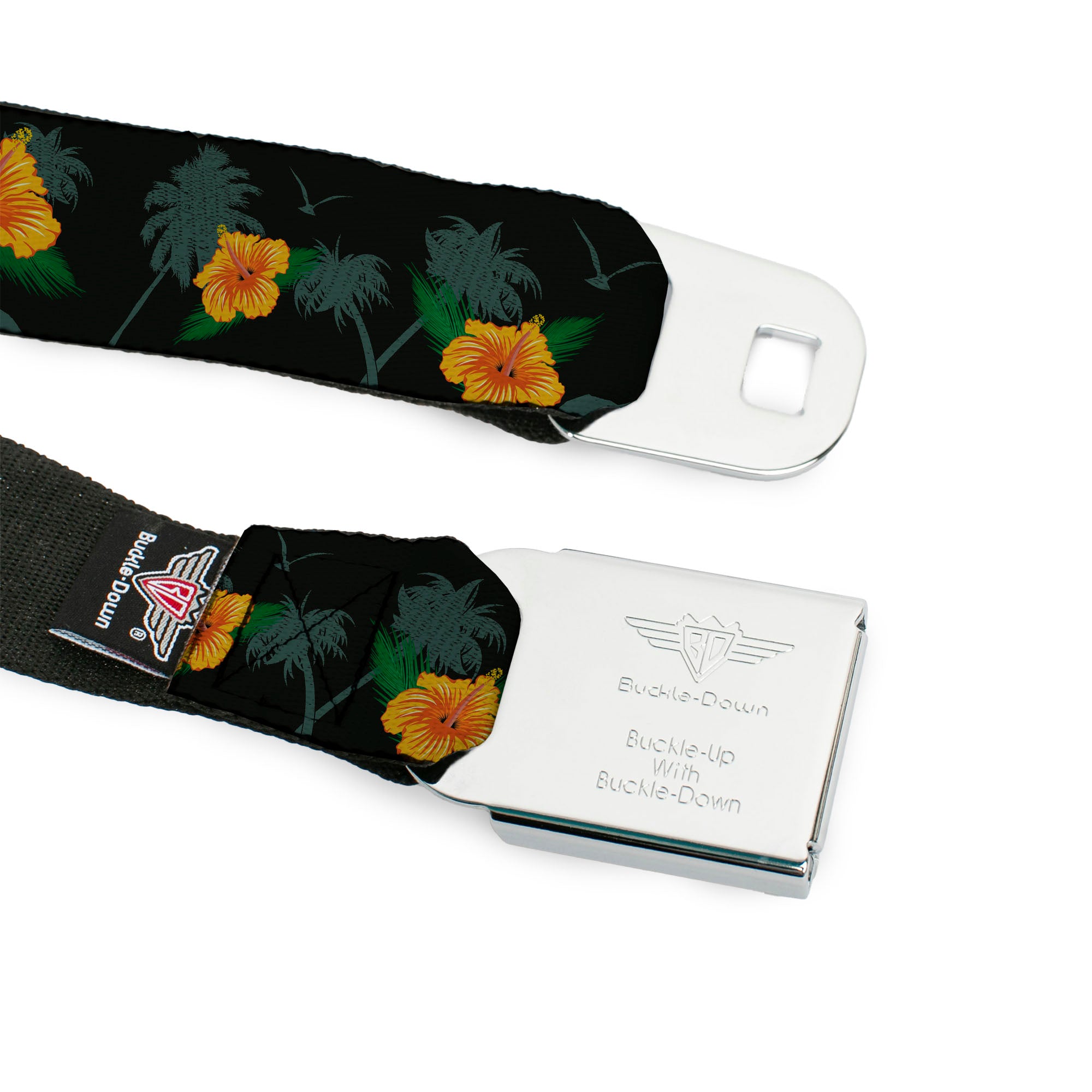 BD Wings Logo CLOSE-UP Full Color Black Silver Seatbelt Belt - Hibiscus Flowers/Palm Trees Black/Green/Orange Webbing Seatbelt Belts Buckle-Down