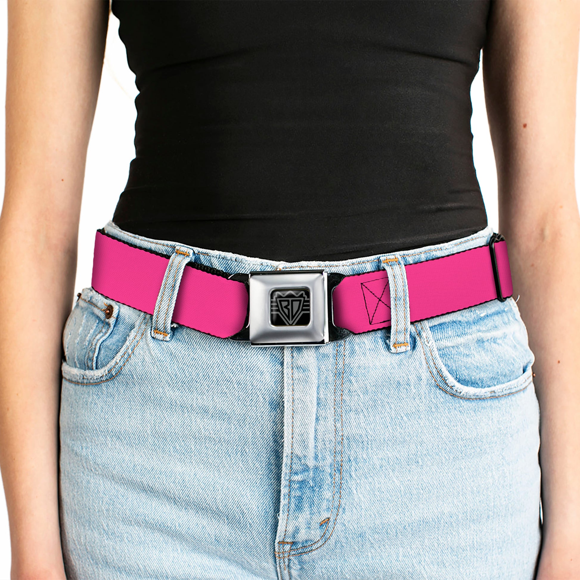 BD Wings Logo CLOSE-UP Full Color Black Silver Seatbelt Belt - Hot Pink PMS 219 Webbing Seatbelt Belts Buckle-Down