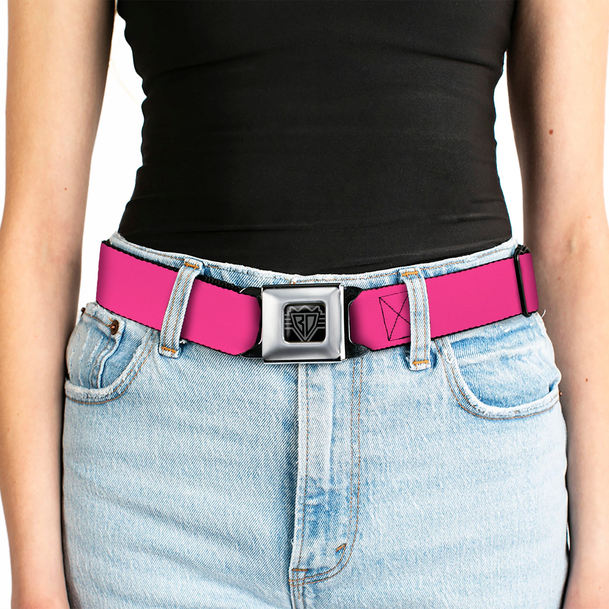 BD Wings Logo CLOSE-UP Full Color Black Silver Seatbelt Belt - Hot Pink PMS 219 Webbing Seatbelt Belts Buckle-Down