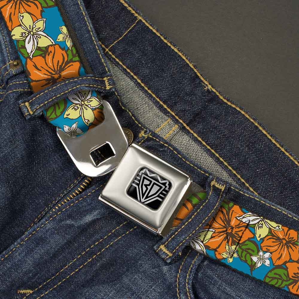 BD Wings Logo CLOSE-UP Full Color Black Silver Seatbelt Belt - Hibiscus Collage Blue/Orange/Yellow Webbing Seatbelt Belts Buckle-Down
