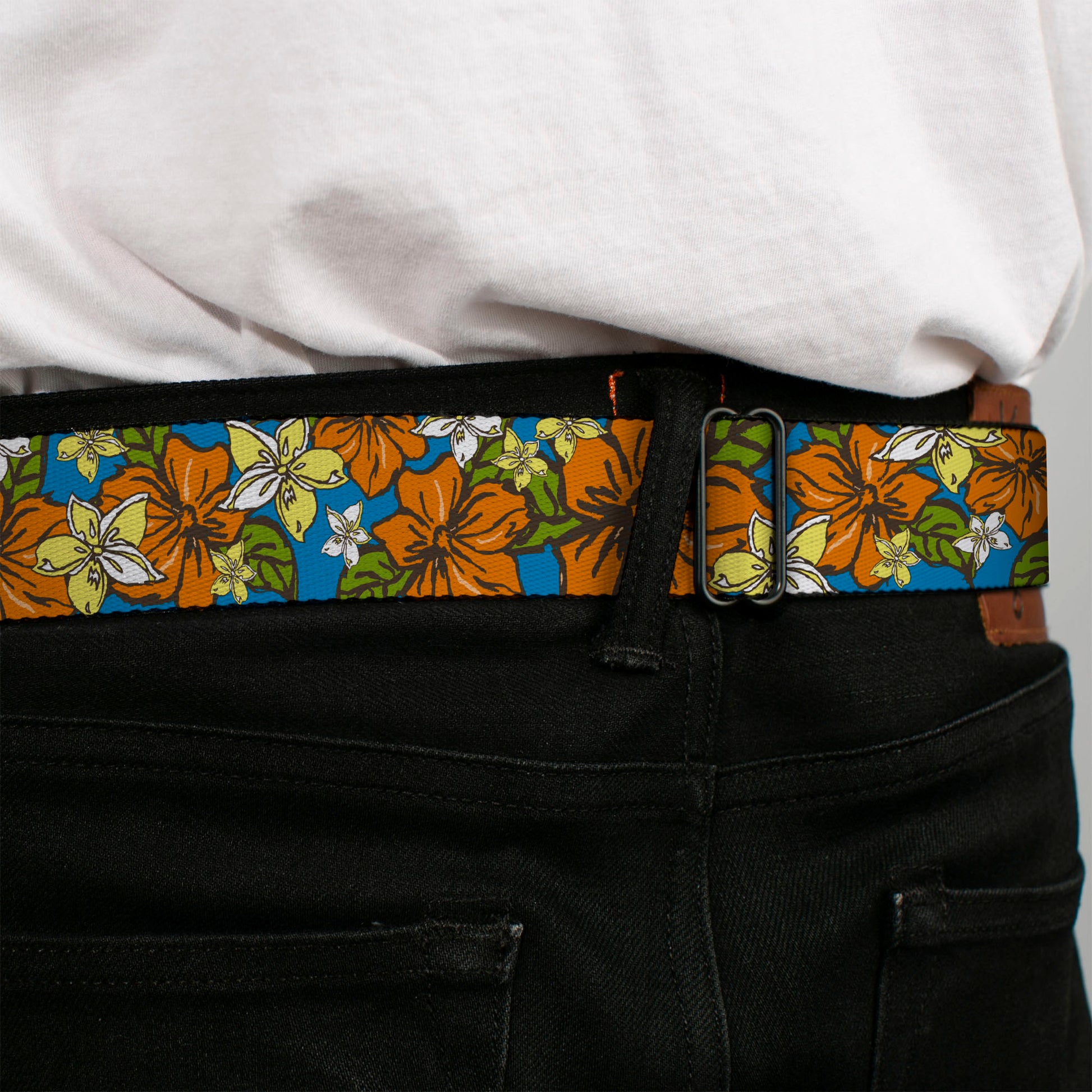 BD Wings Logo CLOSE-UP Full Color Black Silver Seatbelt Belt - Hibiscus Collage Blue/Orange/Yellow Webbing Seatbelt Belts Buckle-Down