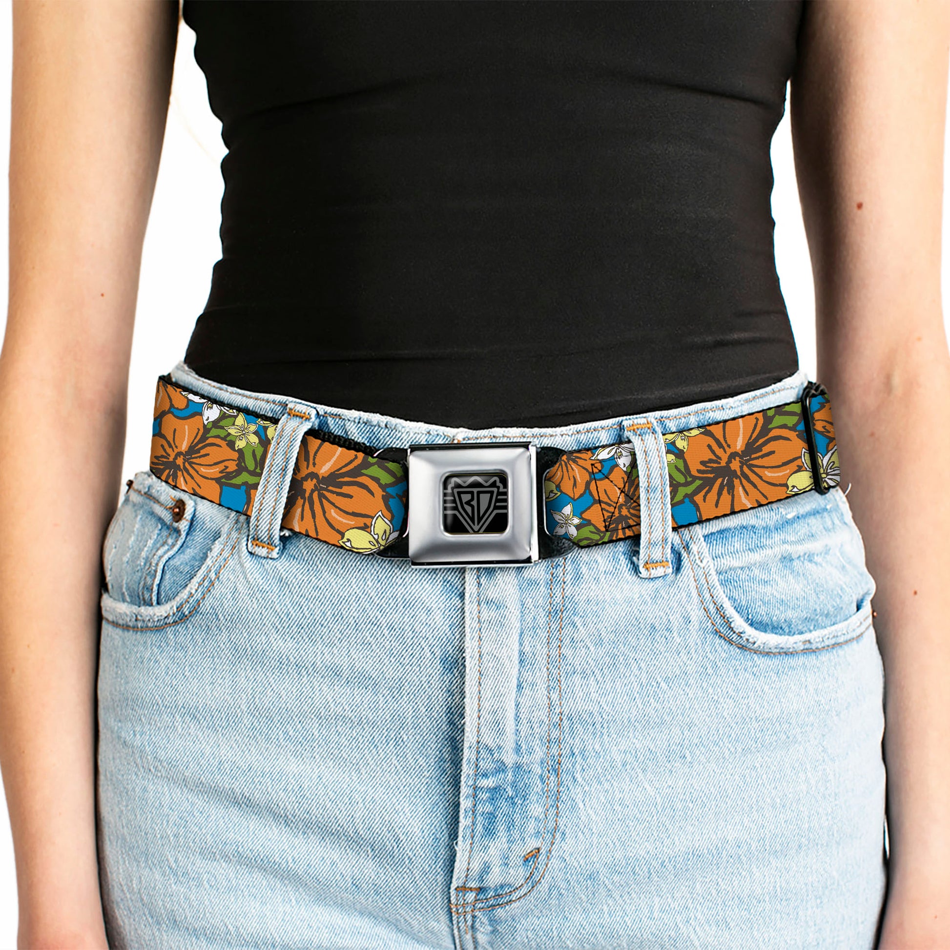 BD Wings Logo CLOSE-UP Full Color Black Silver Seatbelt Belt - Hibiscus Collage Blue/Orange/Yellow Webbing Seatbelt Belts Buckle-Down