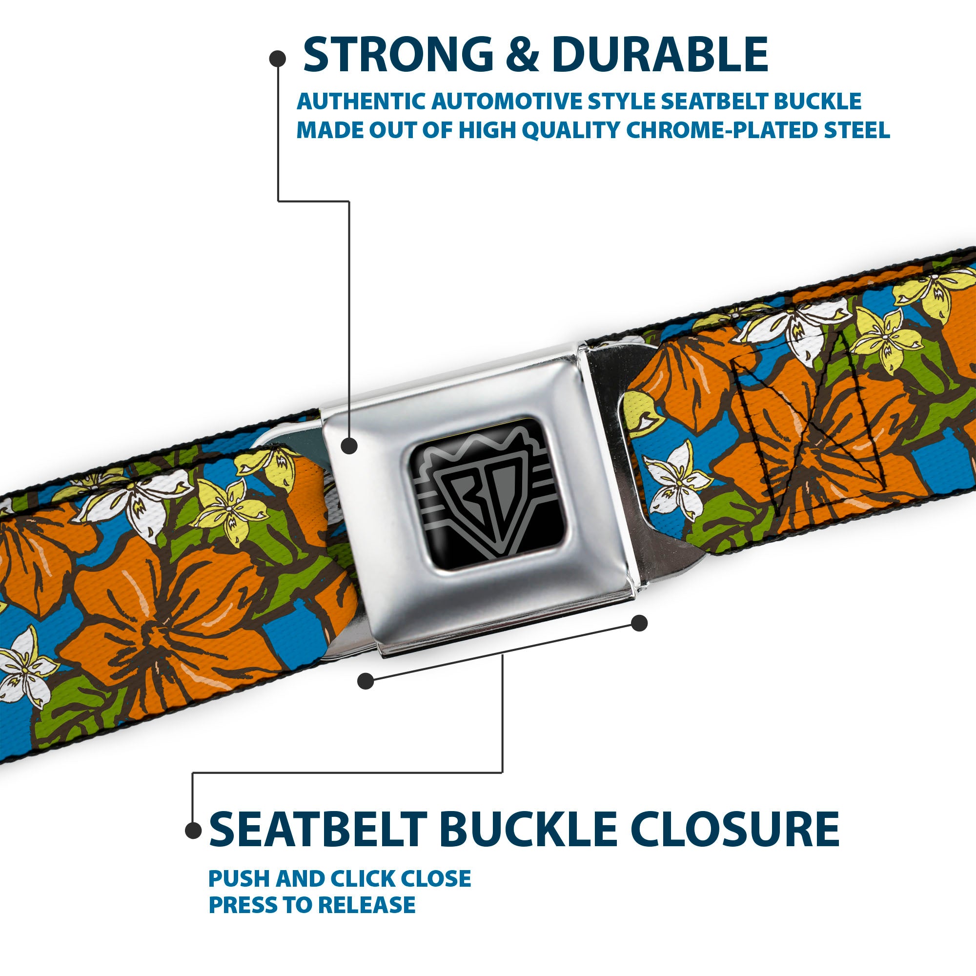 BD Wings Logo CLOSE-UP Full Color Black Silver Seatbelt Belt - Hibiscus Collage Blue/Orange/Yellow Webbing Seatbelt Belts Buckle-Down