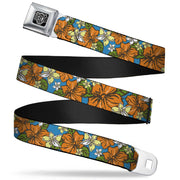 BD Wings Logo CLOSE-UP Full Color Black Silver Seatbelt Belt - Hibiscus Collage Blue/Orange/Yellow Webbing Seatbelt Belts Buckle-Down