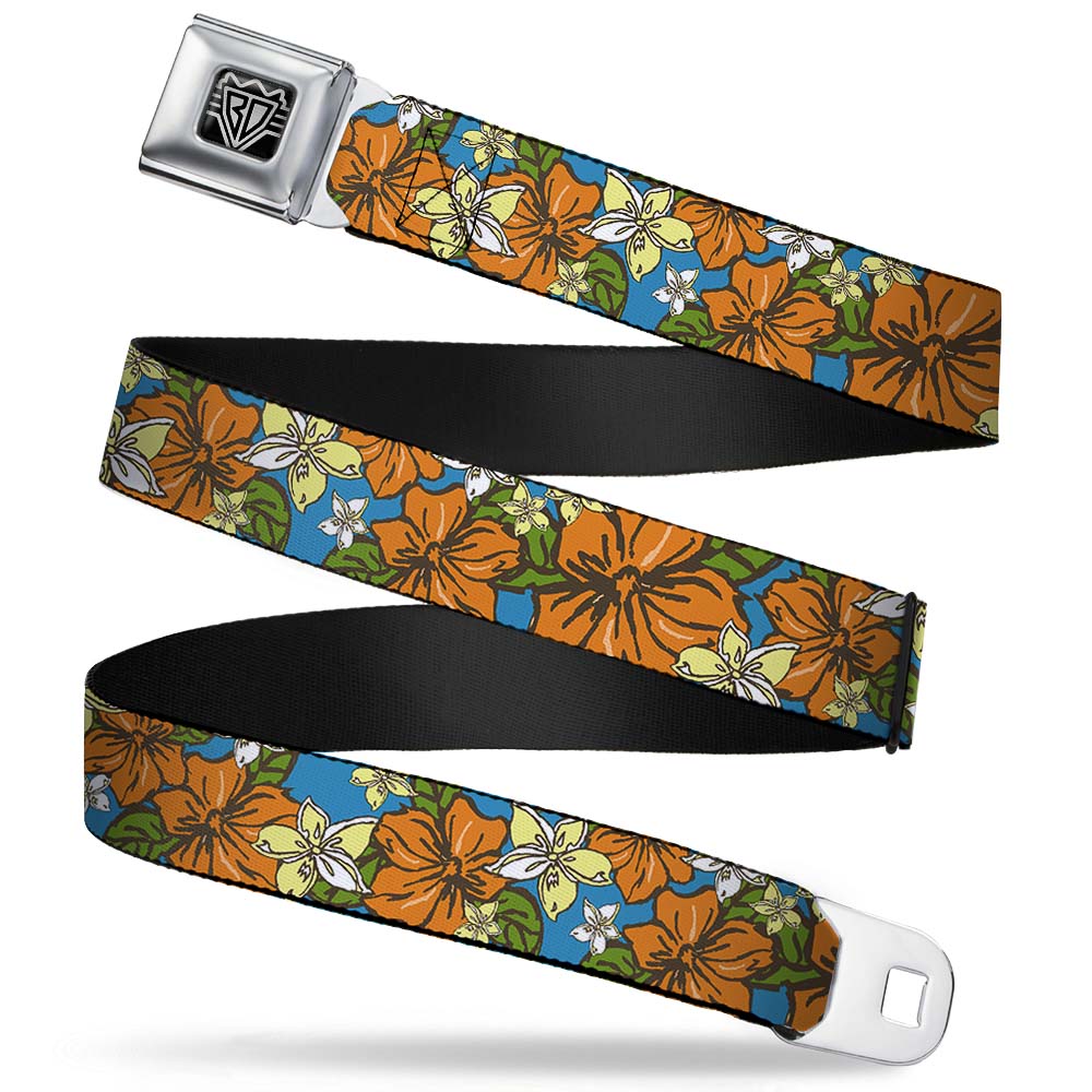 BD Wings Logo CLOSE-UP Full Color Black Silver Seatbelt Belt - Hibiscus Collage Blue/Orange/Yellow Webbing Seatbelt Belts Buckle-Down