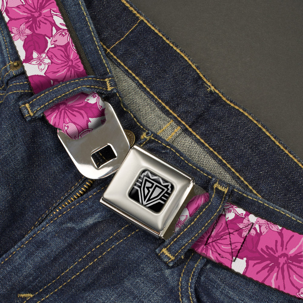 BD Wings Logo CLOSE-UP Full Color Black Silver Seatbelt Belt - Hibiscus Collage White/Pinks Webbing Seatbelt Belts Buckle-Down