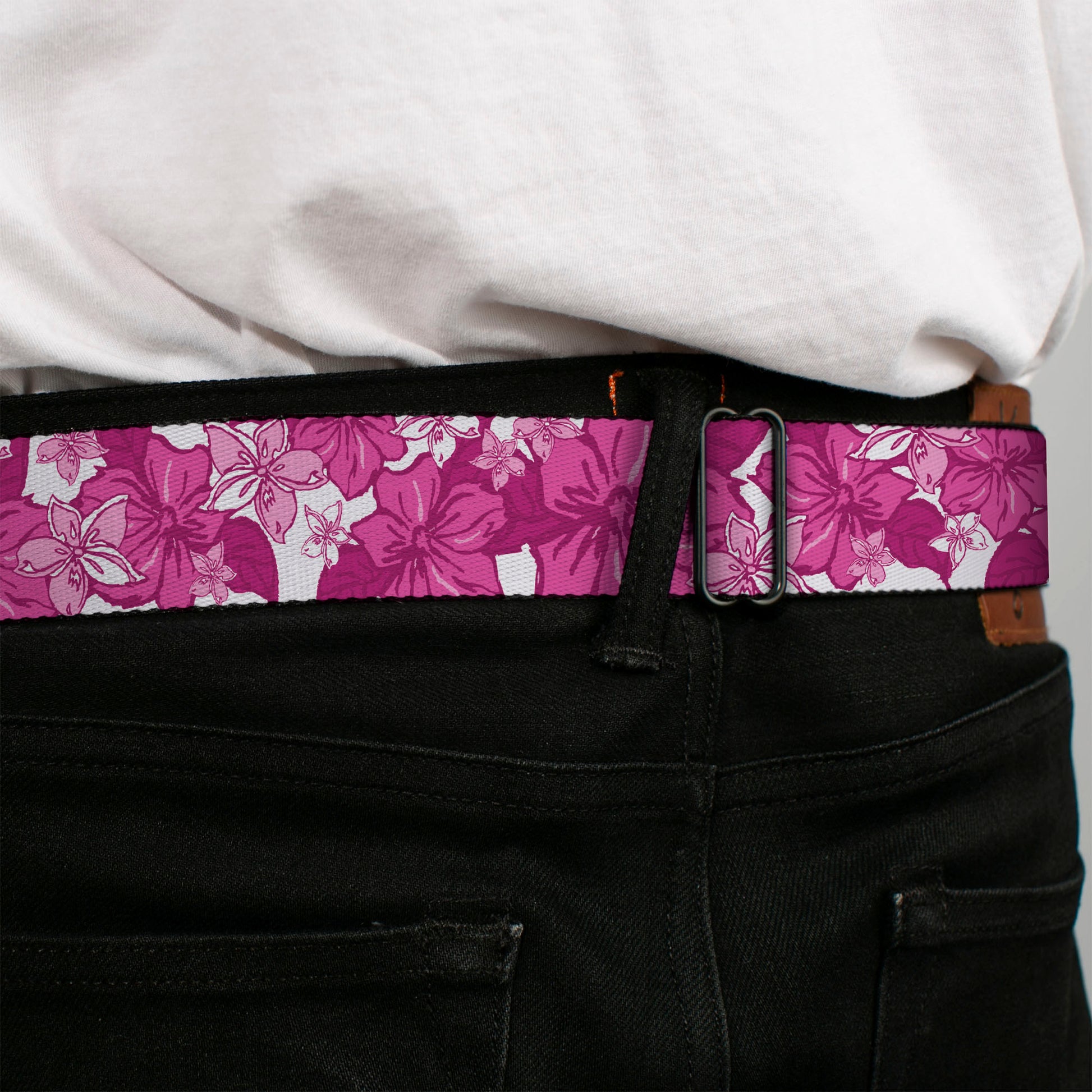BD Wings Logo CLOSE-UP Full Color Black Silver Seatbelt Belt - Hibiscus Collage White/Pinks Webbing Seatbelt Belts Buckle-Down