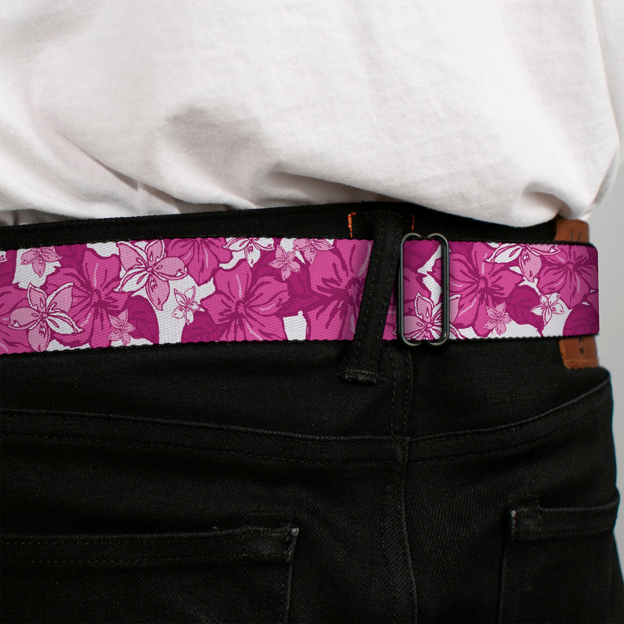 BD Wings Logo CLOSE-UP Full Color Black Silver Seatbelt Belt - Hibiscus Collage White/Pinks Webbing Seatbelt Belts Buckle-Down