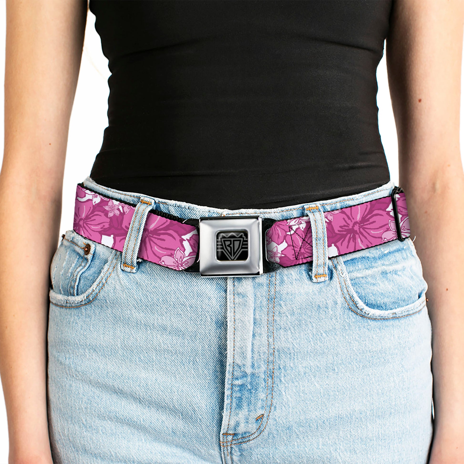BD Wings Logo CLOSE-UP Full Color Black Silver Seatbelt Belt - Hibiscus Collage White/Pinks Webbing Seatbelt Belts Buckle-Down