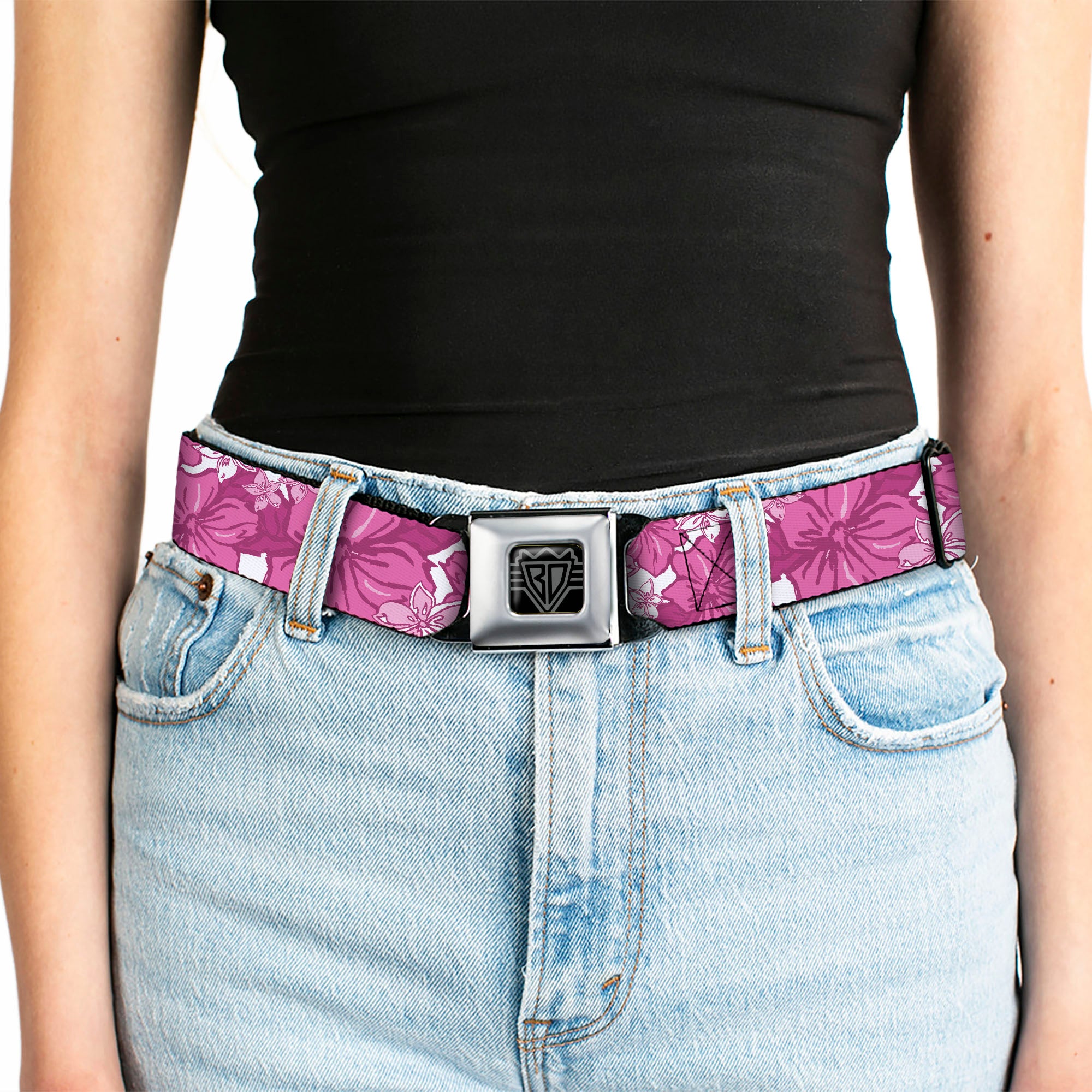 BD Wings Logo CLOSE-UP Full Color Black Silver Seatbelt Belt - Hibiscus Collage White/Pinks Webbing Seatbelt Belts Buckle-Down