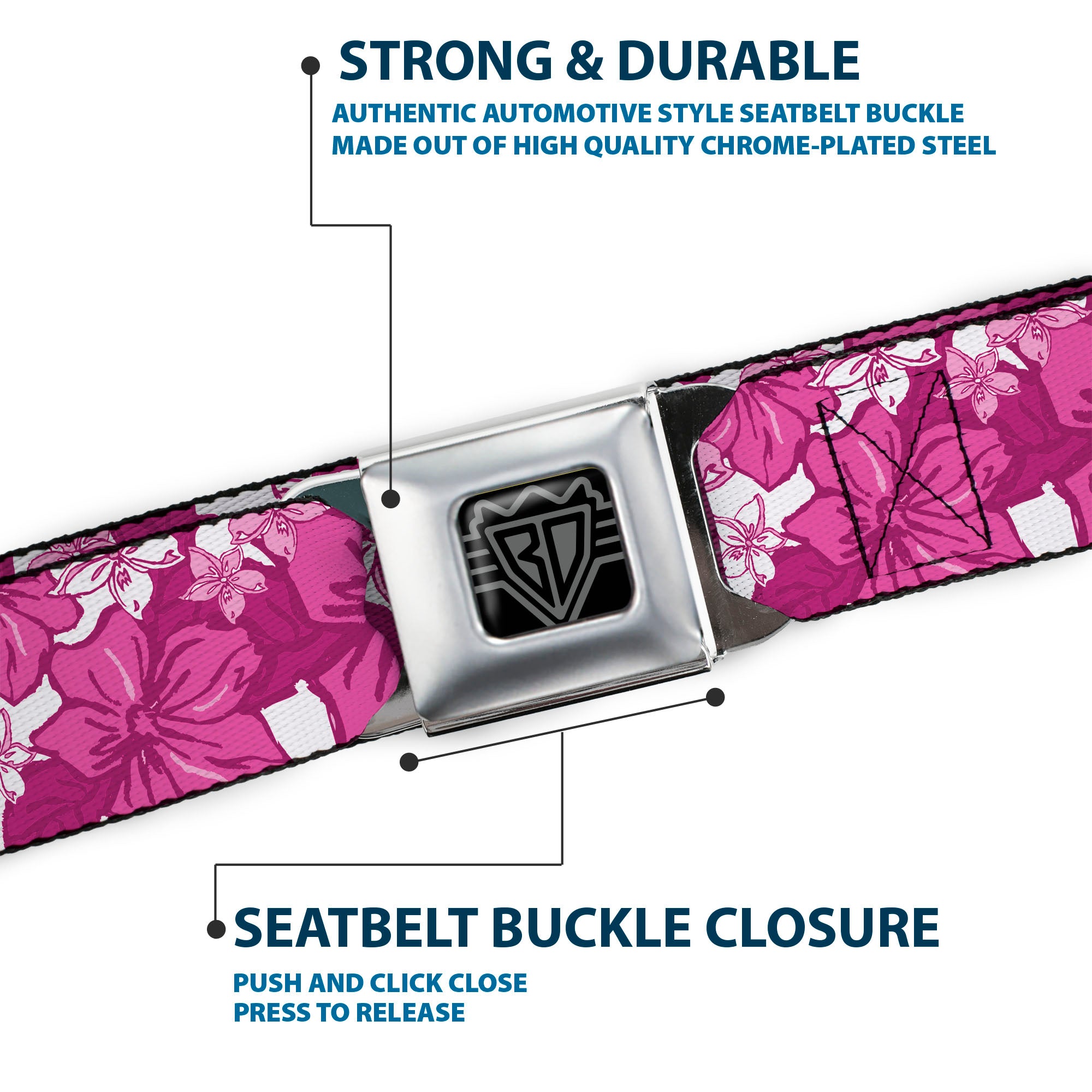 BD Wings Logo CLOSE-UP Full Color Black Silver Seatbelt Belt - Hibiscus Collage White/Pinks Webbing Seatbelt Belts Buckle-Down