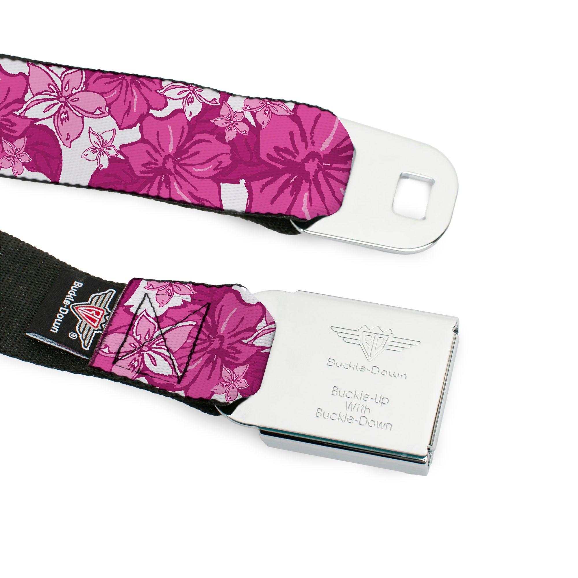 BD Wings Logo CLOSE-UP Full Color Black Silver Seatbelt Belt - Hibiscus Collage White/Pinks Webbing Seatbelt Belts Buckle-Down