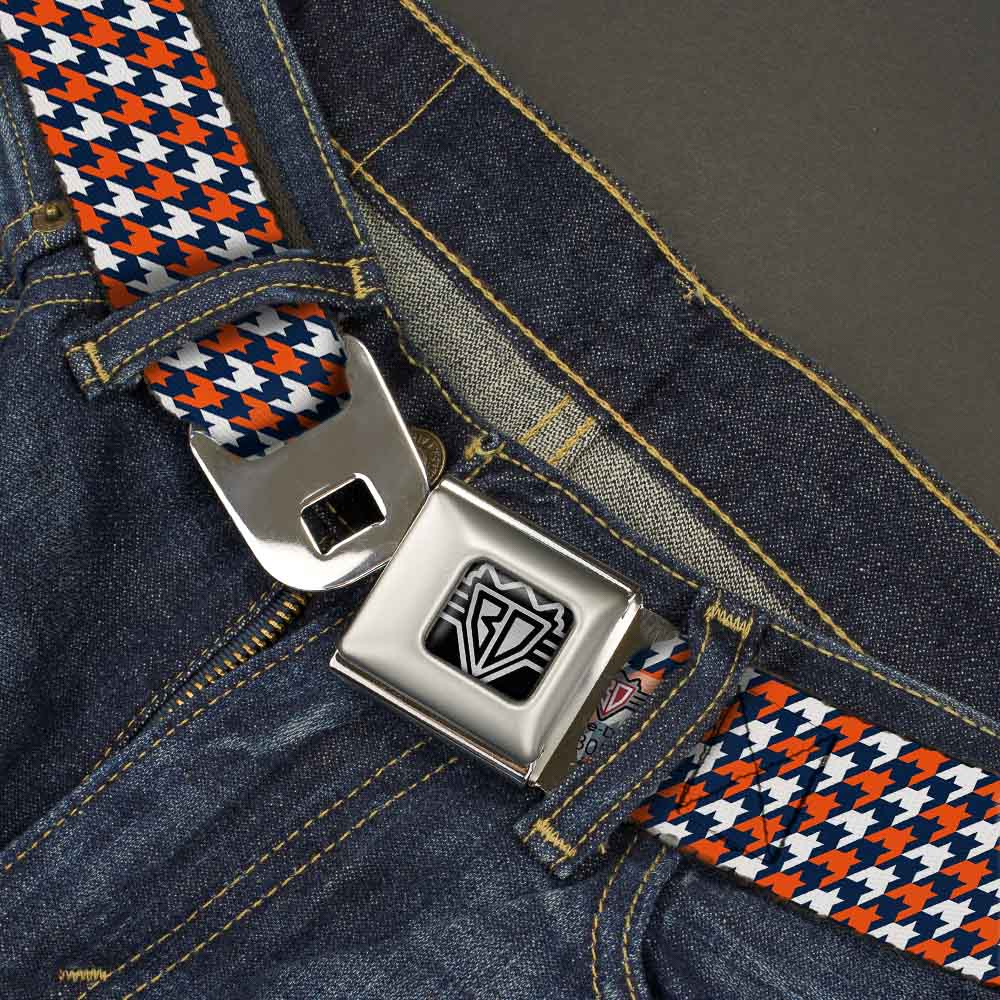 BD Wings Logo CLOSE-UP Full Color Black Silver Seatbelt Belt - Houndstooth Navy/Orange/White Webbing Seatbelt Belts Buckle-Down