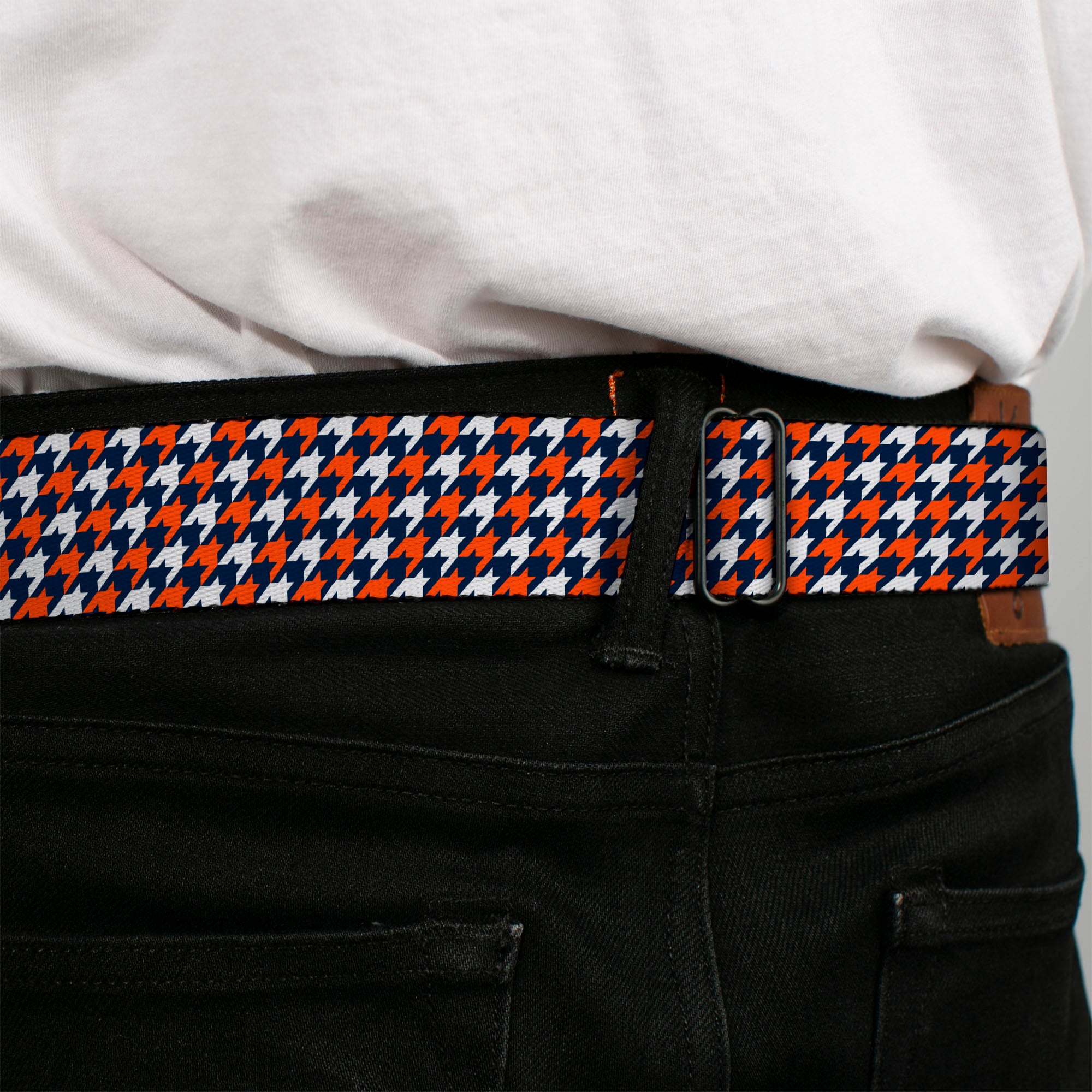 BD Wings Logo CLOSE-UP Full Color Black Silver Seatbelt Belt - Houndstooth Navy/Orange/White Webbing Seatbelt Belts Buckle-Down