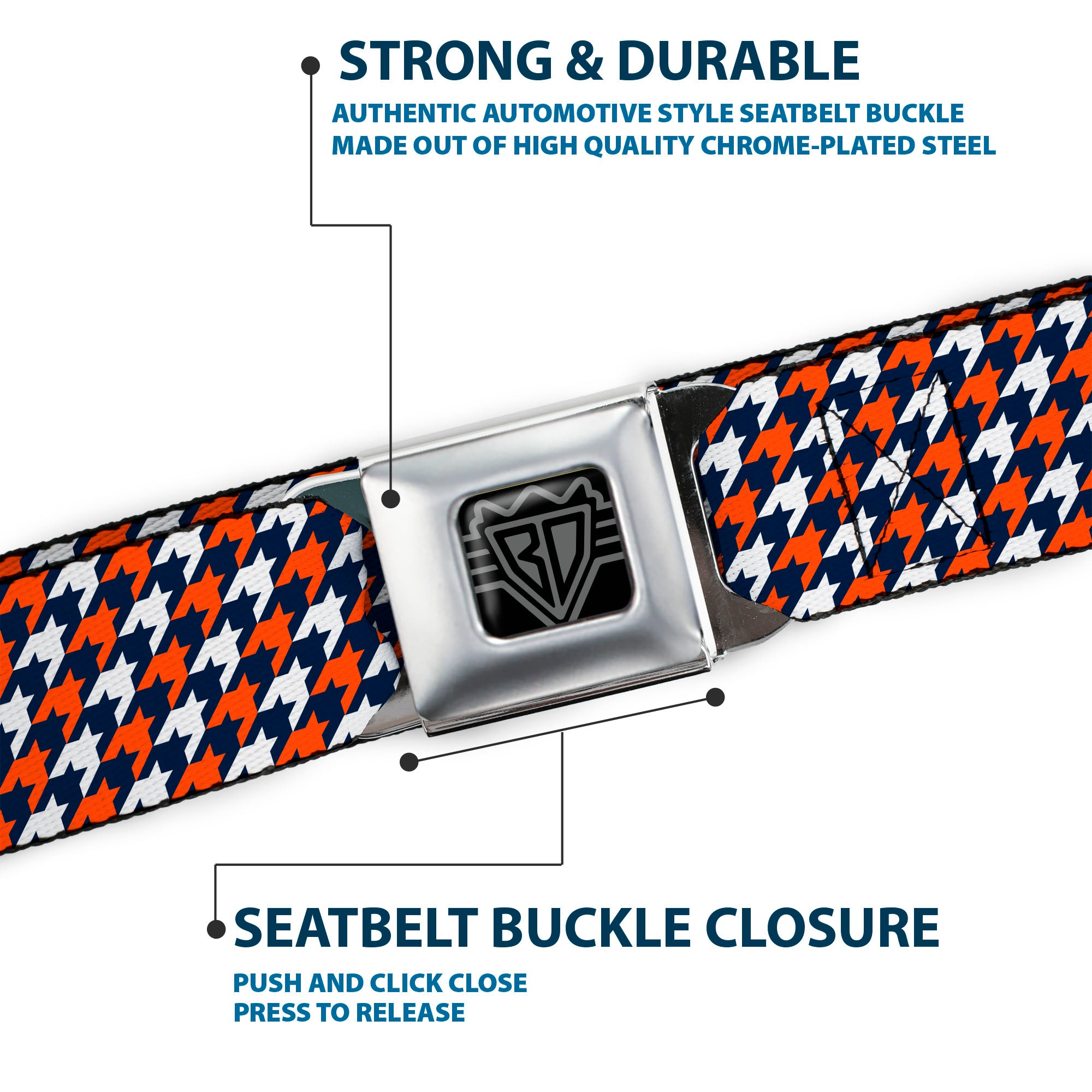 BD Wings Logo CLOSE-UP Full Color Black Silver Seatbelt Belt - Houndstooth Navy/Orange/White Webbing Seatbelt Belts Buckle-Down