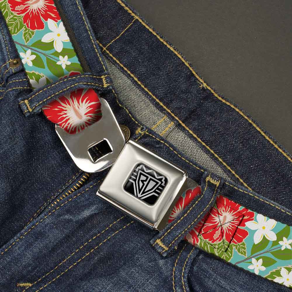 BD Wings Logo CLOSE-UP Full Color Black Silver Seatbelt Belt - Hibiscus & Plumerias Turquoise/Green/Red/White Webbing Seatbelt Belts Buckle-Down