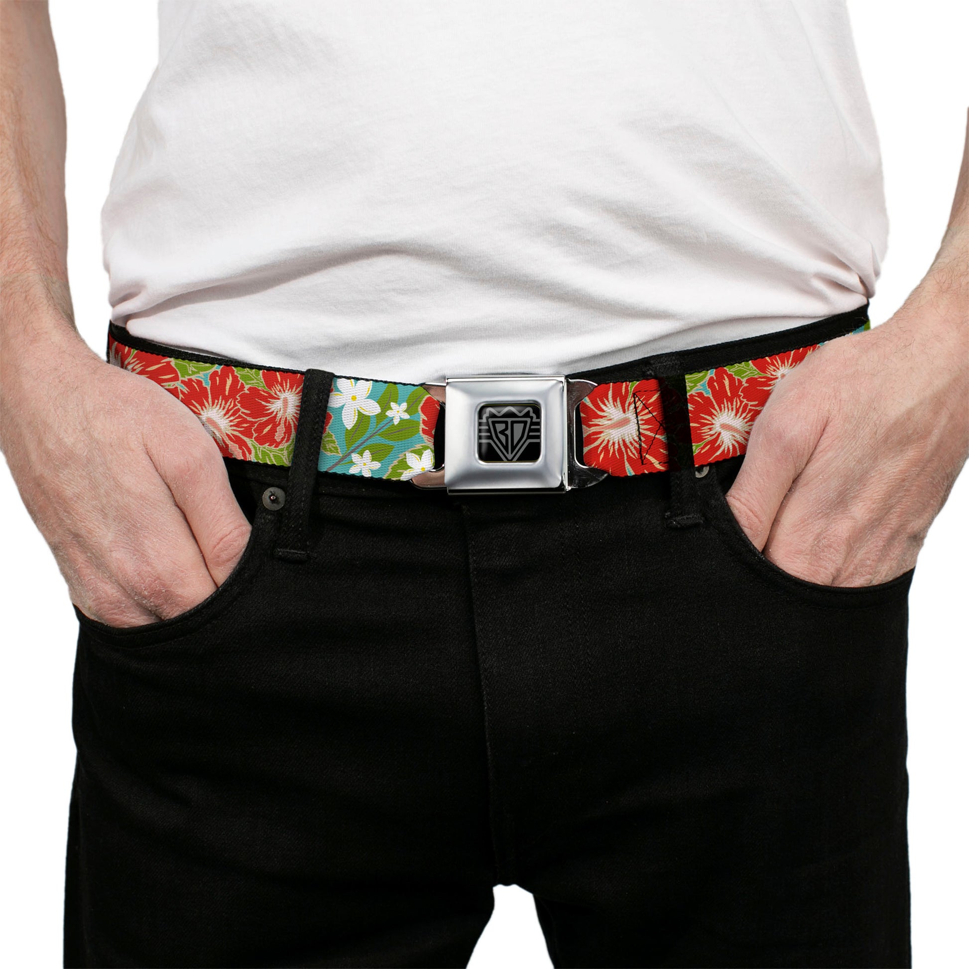 BD Wings Logo CLOSE-UP Full Color Black Silver Seatbelt Belt - Hibiscus & Plumerias Turquoise/Green/Red/White Webbing Seatbelt Belts Buckle-Down