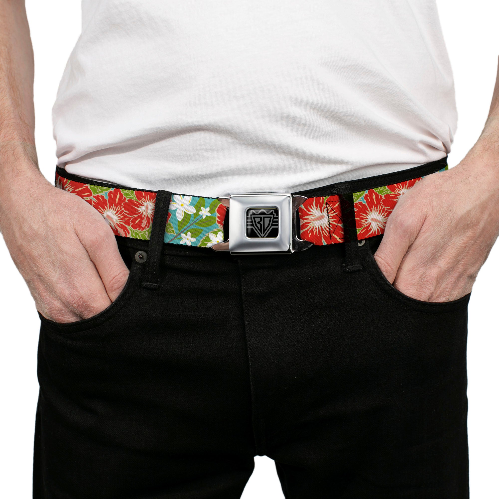 BD Wings Logo CLOSE-UP Full Color Black Silver Seatbelt Belt - Hibiscus & Plumerias Turquoise/Green/Red/White Webbing Seatbelt Belts Buckle-Down
