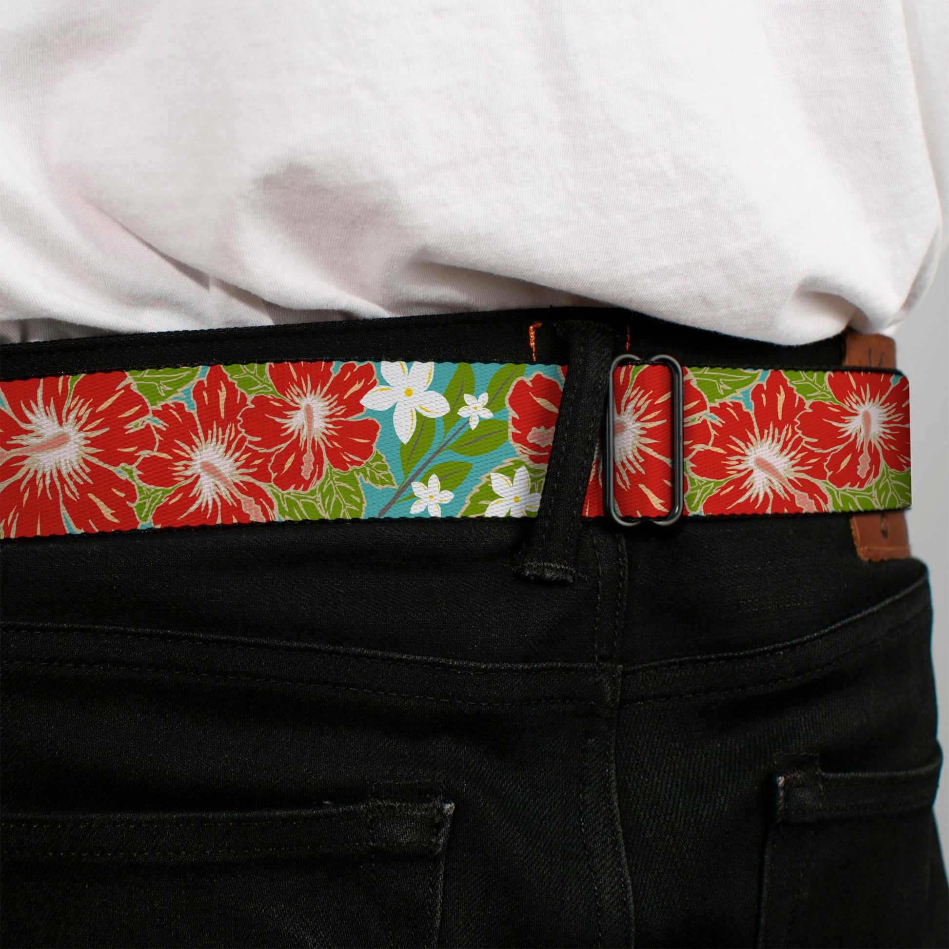 BD Wings Logo CLOSE-UP Full Color Black Silver Seatbelt Belt - Hibiscus & Plumerias Turquoise/Green/Red/White Webbing Seatbelt Belts Buckle-Down