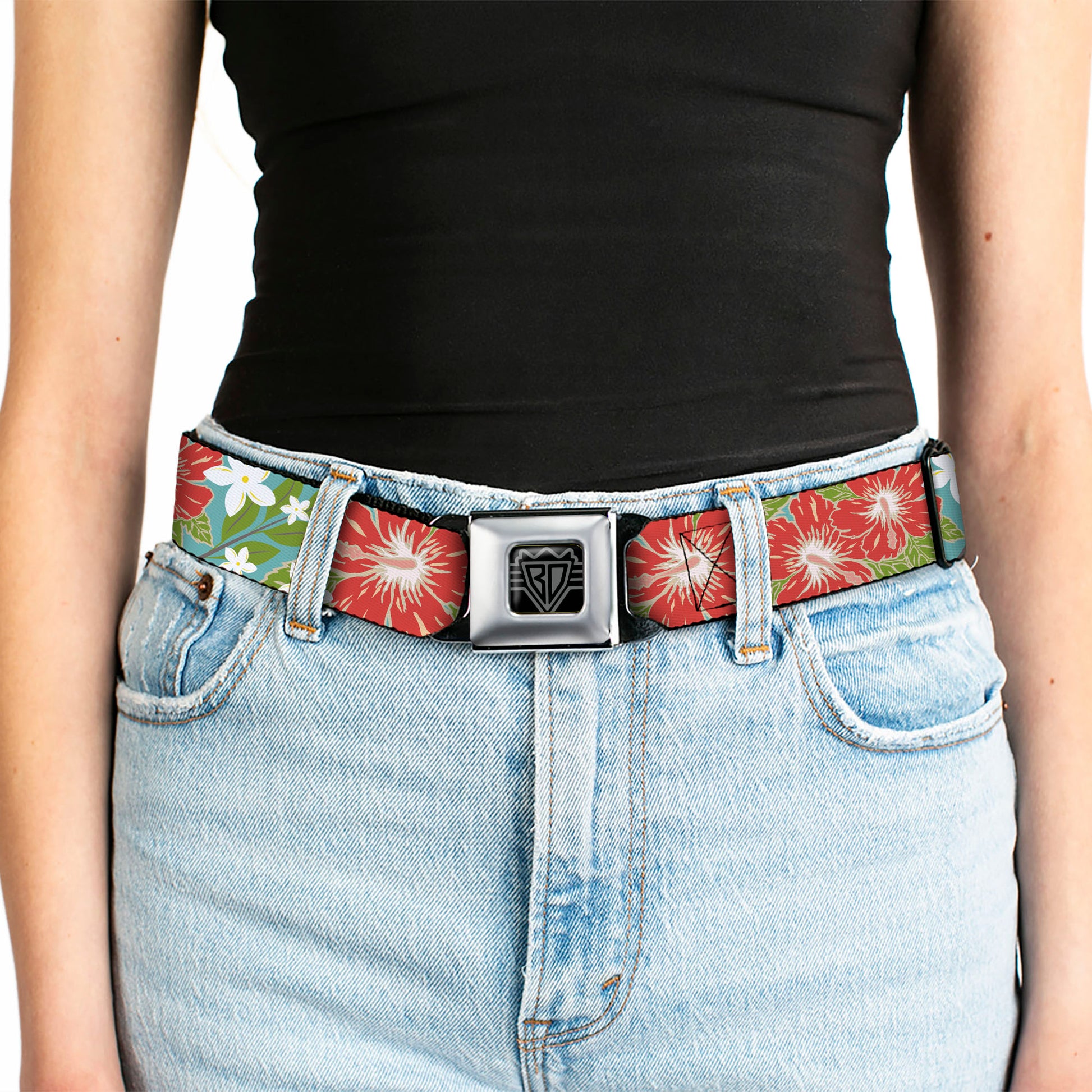 BD Wings Logo CLOSE-UP Full Color Black Silver Seatbelt Belt - Hibiscus & Plumerias Turquoise/Green/Red/White Webbing Seatbelt Belts Buckle-Down