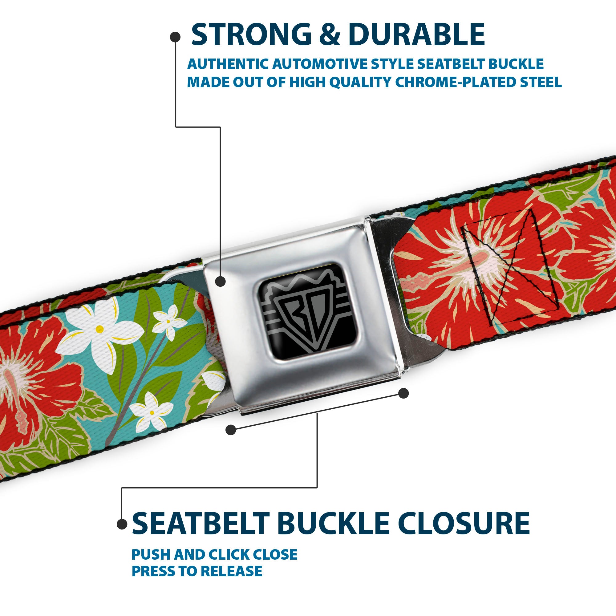 BD Wings Logo CLOSE-UP Full Color Black Silver Seatbelt Belt - Hibiscus & Plumerias Turquoise/Green/Red/White Webbing Seatbelt Belts Buckle-Down