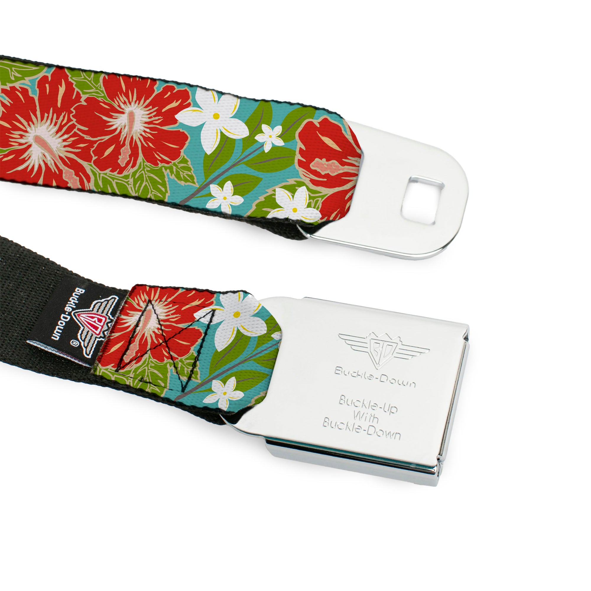 BD Wings Logo CLOSE-UP Full Color Black Silver Seatbelt Belt - Hibiscus & Plumerias Turquoise/Green/Red/White Webbing Seatbelt Belts Buckle-Down