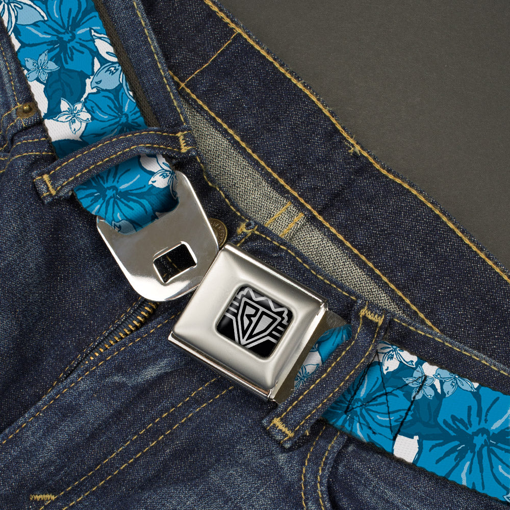BD Wings Logo CLOSE-UP Full Color Black Silver Seatbelt Belt - Hibiscus Collage White/Blues Webbing Seatbelt Belts Buckle-Down