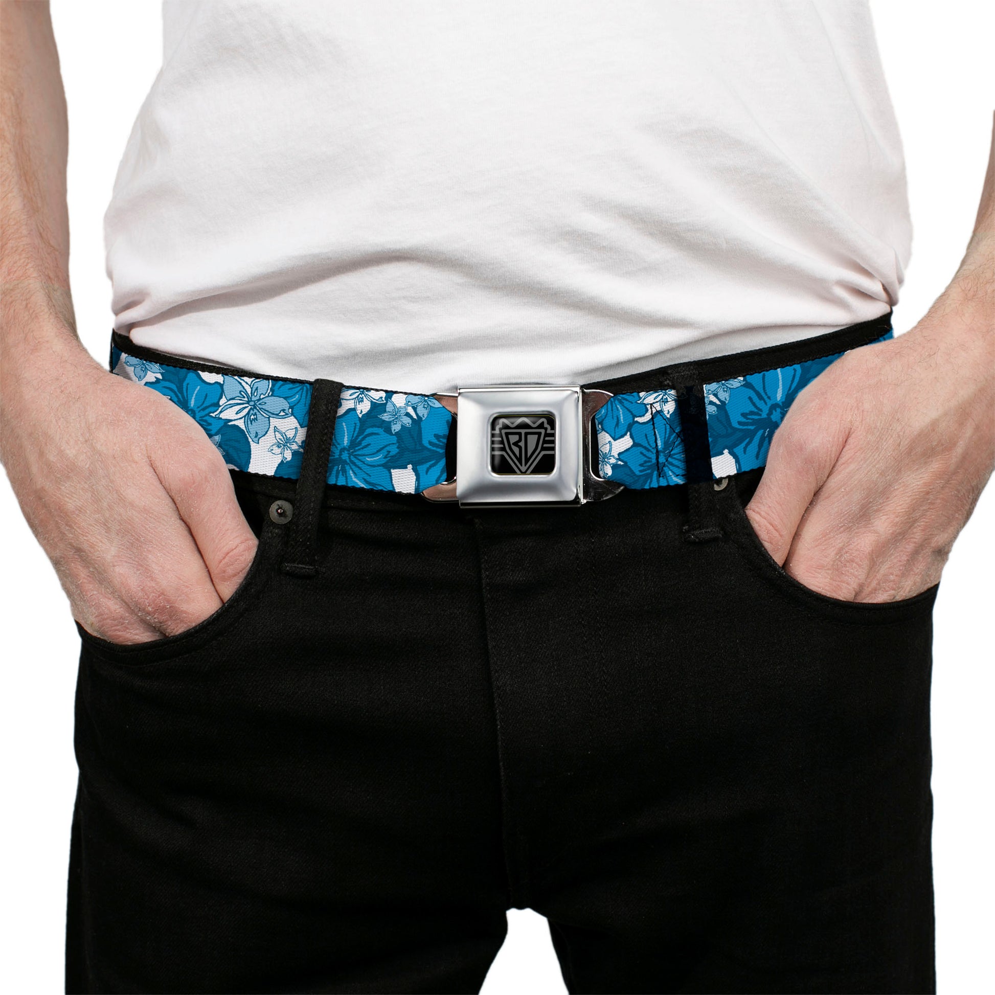 BD Wings Logo CLOSE-UP Full Color Black Silver Seatbelt Belt - Hibiscus Collage White/Blues Webbing Seatbelt Belts Buckle-Down