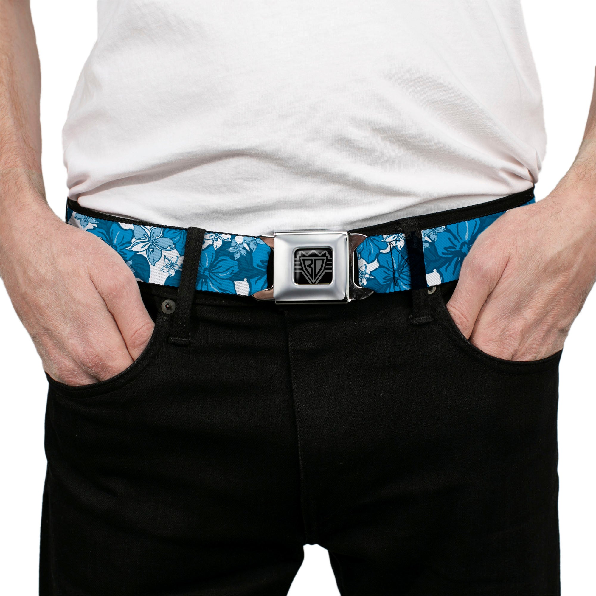 BD Wings Logo CLOSE-UP Full Color Black Silver Seatbelt Belt - Hibiscus Collage White/Blues Webbing Seatbelt Belts Buckle-Down