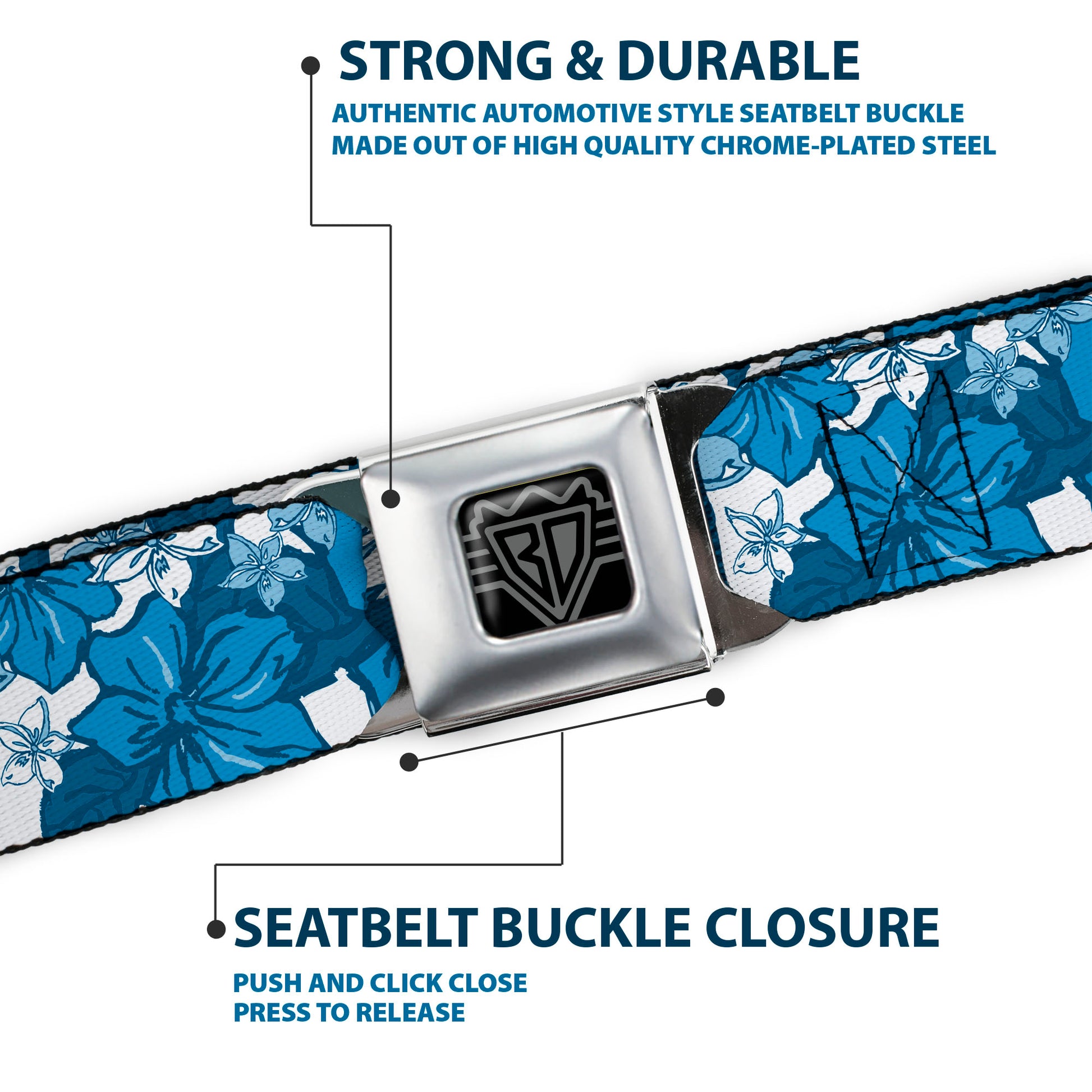 BD Wings Logo CLOSE-UP Full Color Black Silver Seatbelt Belt - Hibiscus Collage White/Blues Webbing Seatbelt Belts Buckle-Down