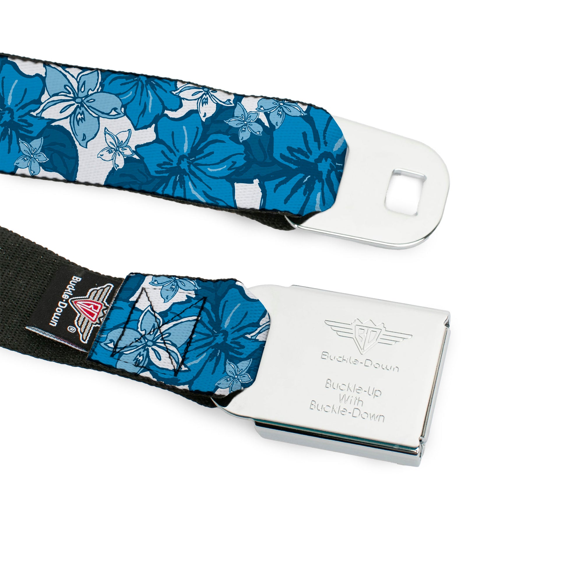 BD Wings Logo CLOSE-UP Full Color Black Silver Seatbelt Belt - Hibiscus Collage White/Blues Webbing Seatbelt Belts Buckle-Down