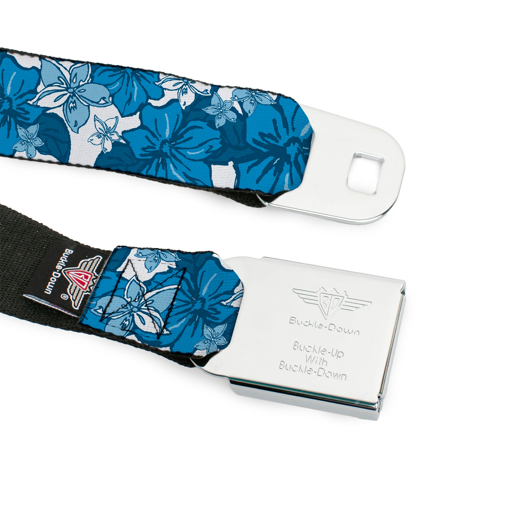 BD Wings Logo CLOSE-UP Full Color Black Silver Seatbelt Belt - Hibiscus Collage White/Blues Webbing Seatbelt Belts Buckle-Down