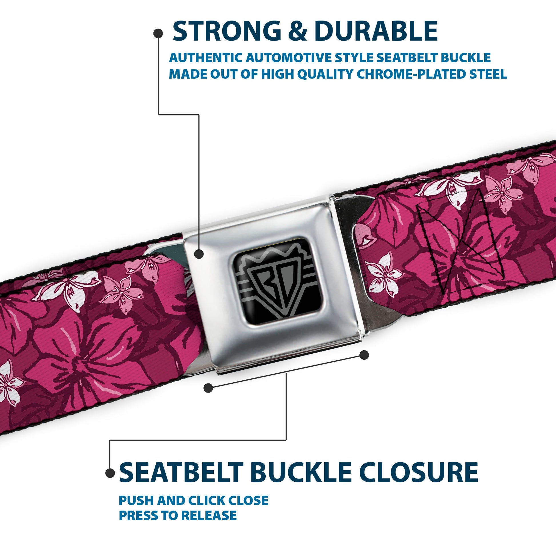 BD Wings Logo CLOSE-UP Full Color Black Silver Seatbelt Belt - Hibiscus Collage Pink Shades Webbing Seatbelt Belts Buckle-Down