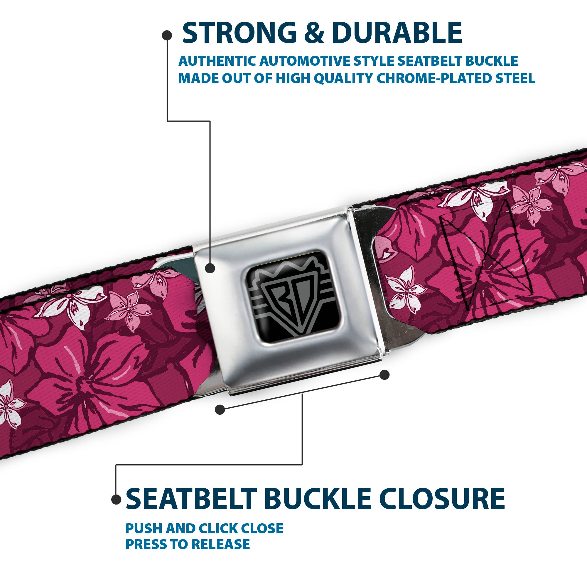 BD Wings Logo CLOSE-UP Full Color Black Silver Seatbelt Belt - Hibiscus Collage Pink Shades Webbing Seatbelt Belts Buckle-Down