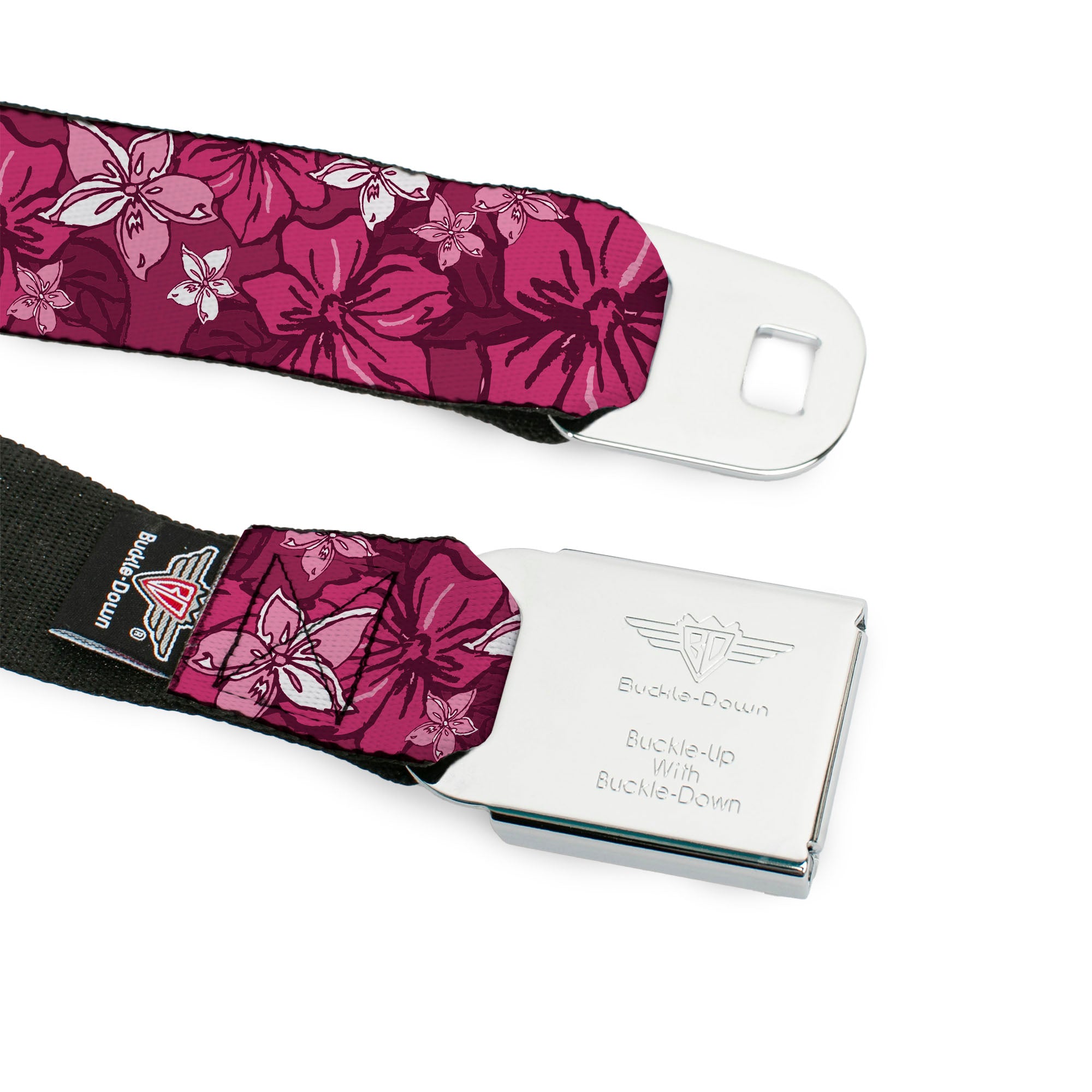 BD Wings Logo CLOSE-UP Full Color Black Silver Seatbelt Belt - Hibiscus Collage Pink Shades Webbing Seatbelt Belts Buckle-Down