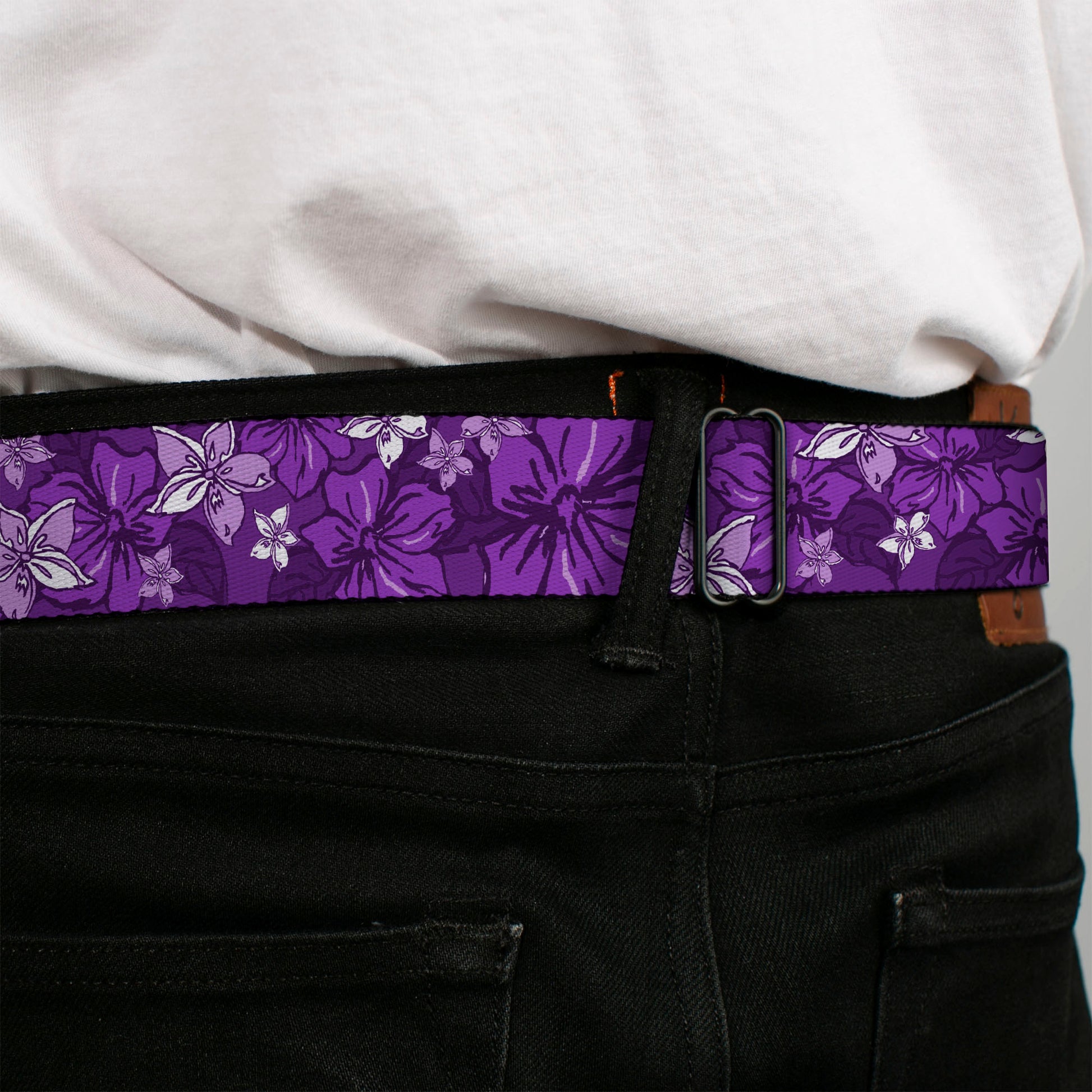 BD Wings Logo CLOSE-UP Full Color Black Silver Seatbelt Belt - Hibiscus Collage Purple Shades Webbing Seatbelt Belts Buckle-Down