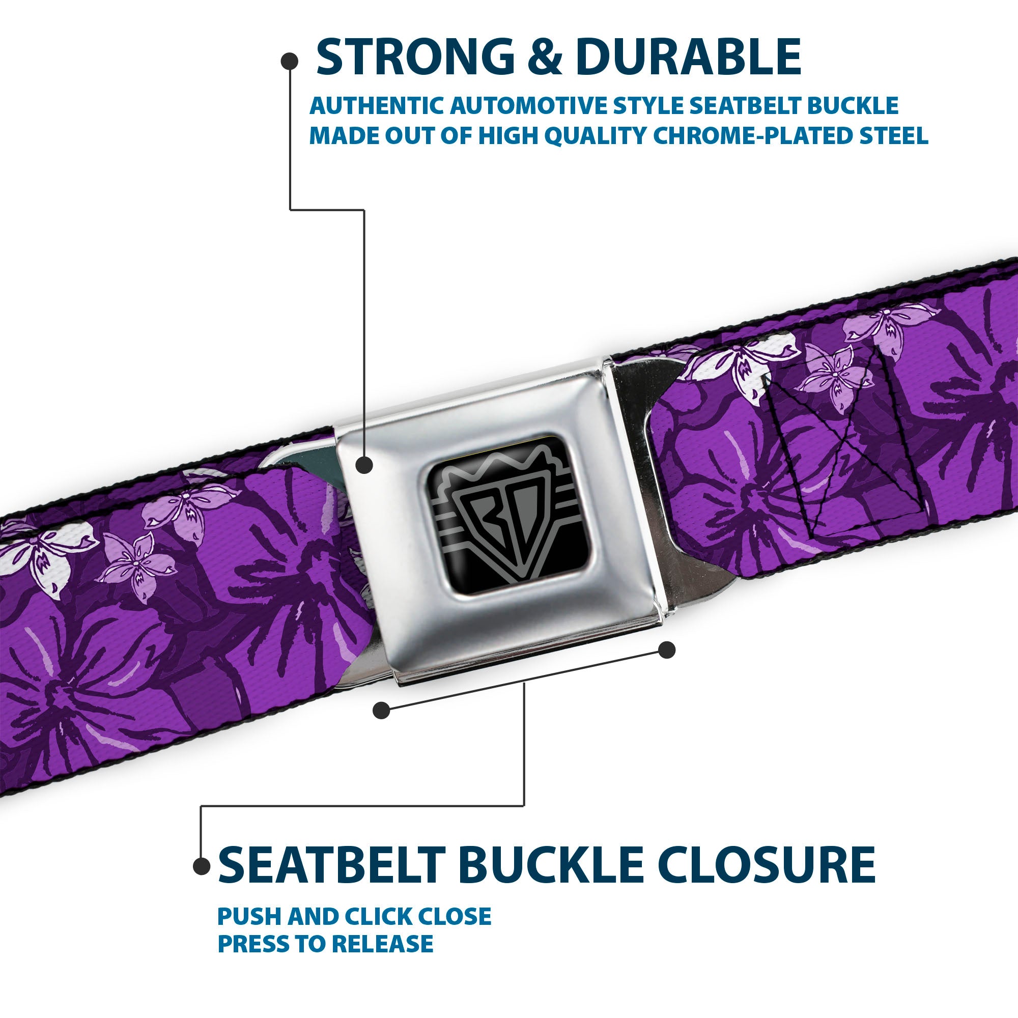 BD Wings Logo CLOSE-UP Full Color Black Silver Seatbelt Belt - Hibiscus Collage Purple Shades Webbing Seatbelt Belts Buckle-Down