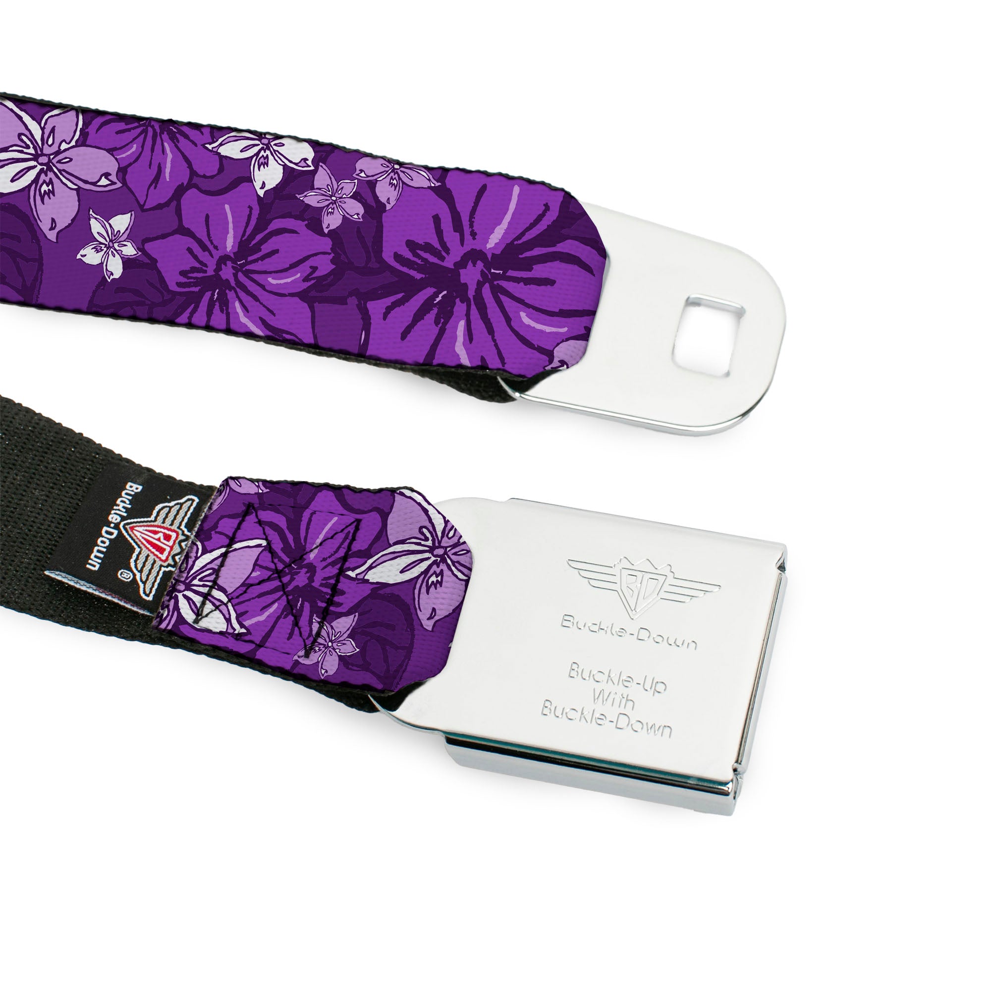 BD Wings Logo CLOSE-UP Full Color Black Silver Seatbelt Belt - Hibiscus Collage Purple Shades Webbing Seatbelt Belts Buckle-Down