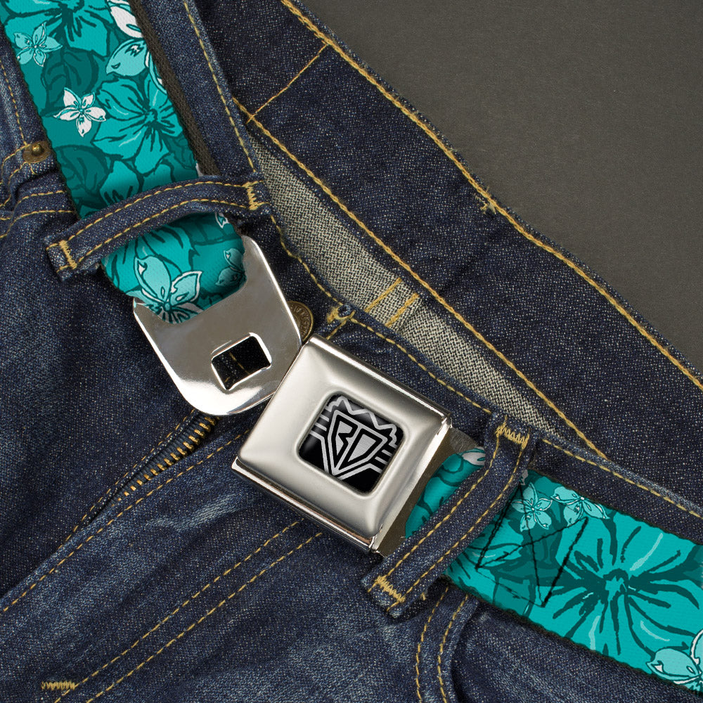 BD Wings Logo CLOSE-UP Full Color Black Silver Seatbelt Belt - Hibiscus Collage Turquoise Shades Webbing Seatbelt Belts Buckle-Down